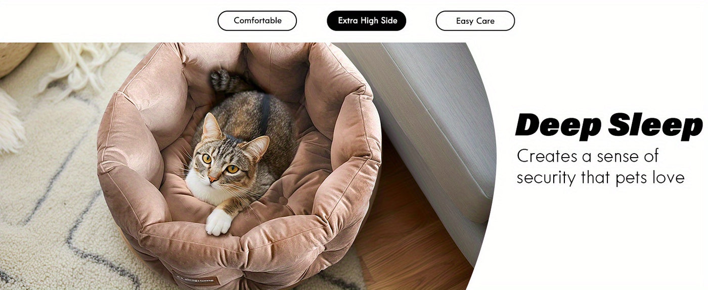 Deep Nest Round Cat Bed for Indoor Cats - Velvet Plush, Extra High Sides, Non-Slip Bottom, Machine Washable, 20x20x8in Cat Bed for Small Pets up to 15lbs, Steel Blue & Warm Beige