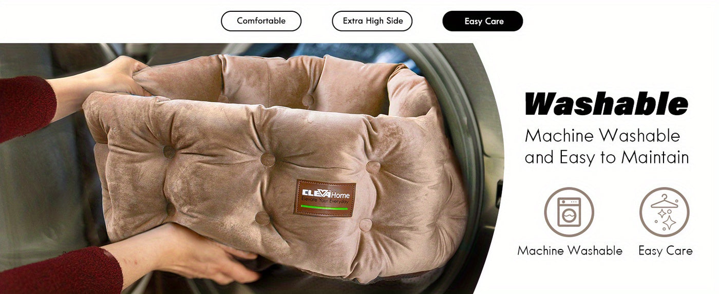 Deep Nest Round Cat Bed for Indoor Cats - Velvet Plush, Extra High Sides, Non-Slip Bottom, Machine Washable, 20x20x8in Cat Bed for Small Pets up to 15lbs, Steel Blue & Warm Beige