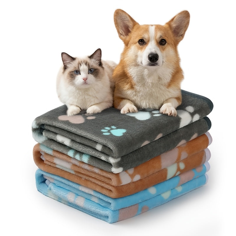 Fleece Pet Blanket 3 Pack with Free Drying Towel - Super Soft Flannel Throw for Dogs Puppies & Cats, Tear-Resistant Paw & Dot Print, Machine Washable, 20x16 & 23x16 Inch
