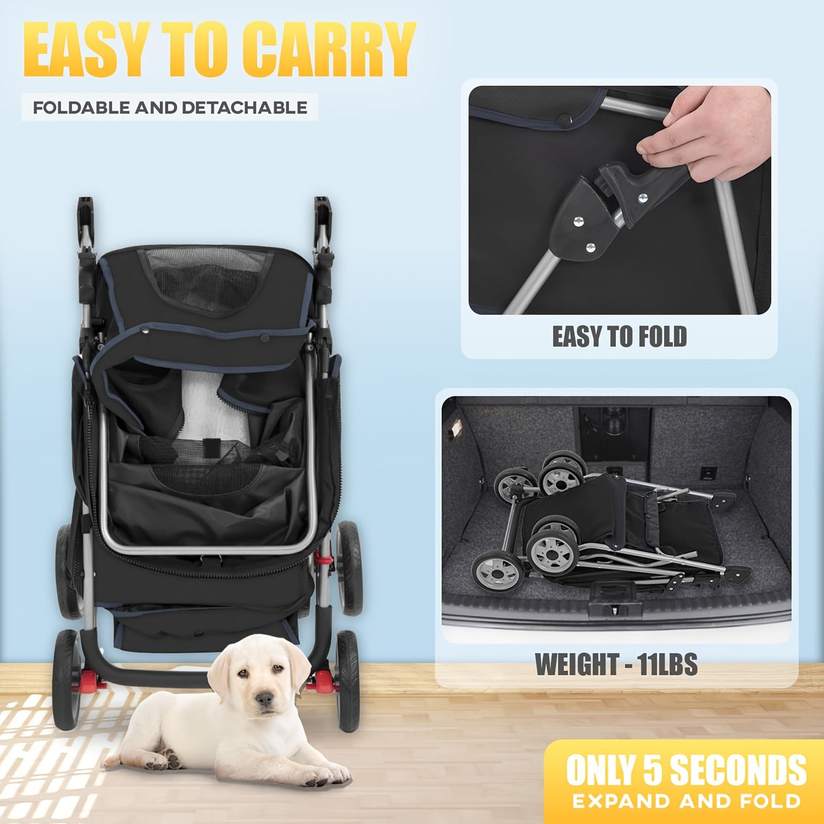 4-Wheel Pet Stroller for Cats & Dogs – Portable Breathable Stroller with Storage Basket & Cup Holder for Outdoor Walks | Black, Blue, Pink, Purple, Red