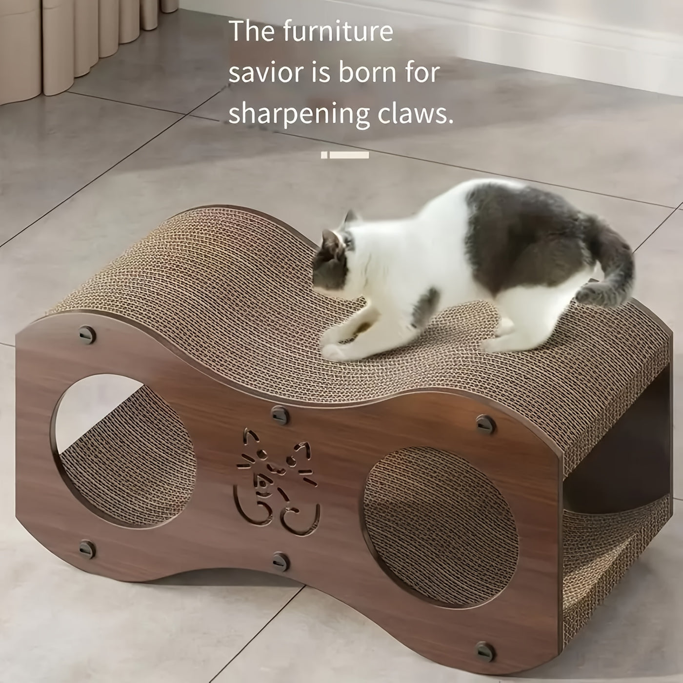 Cat Scratching Post with Integrated Woven Bed & Cat Toy - Sturdy Wood Base 4-Season Scratch Pad for Indoor Cats, Lounging & Play, Oak or Walnut Color