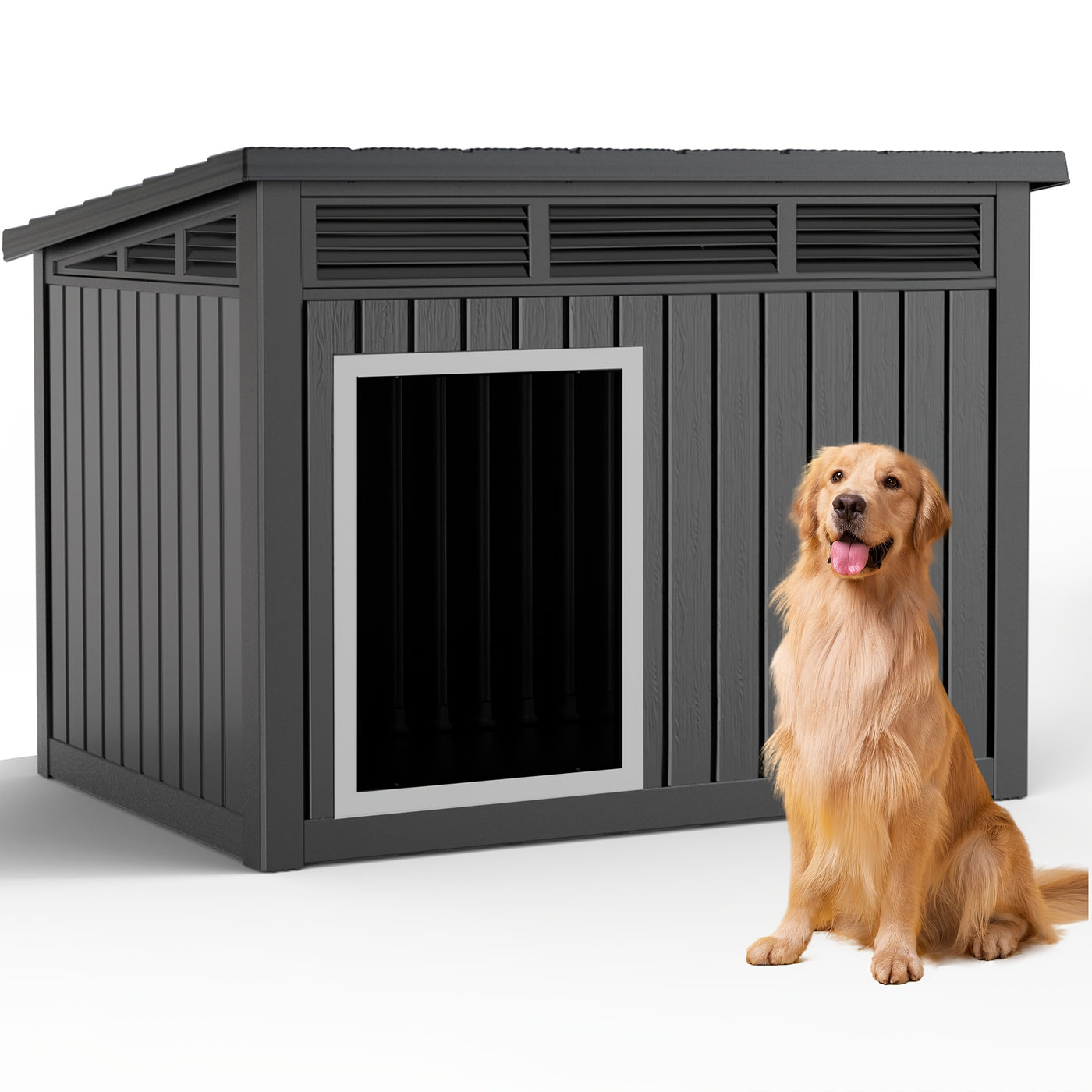 XXXL Outdoor Dog House for Large Dogs – All-Weather Resin Kennel with Gas-Lift Ventilated Canopy, UV-Proof & StormProof Design, Easy Assembly Shelter for Multi-Pet Households