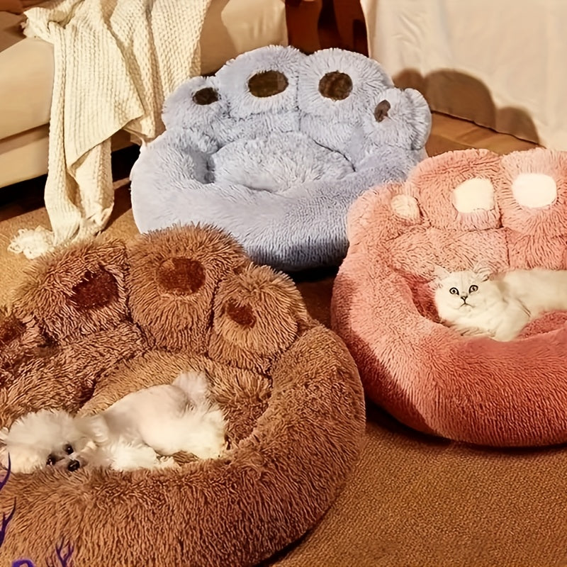 Bear Paw Round Plush Pet Bed for Dogs & Cats – Cute Warm Non-Slip Soft Bed for Small, Medium & Large Pets, 20/24/28/36 Inch