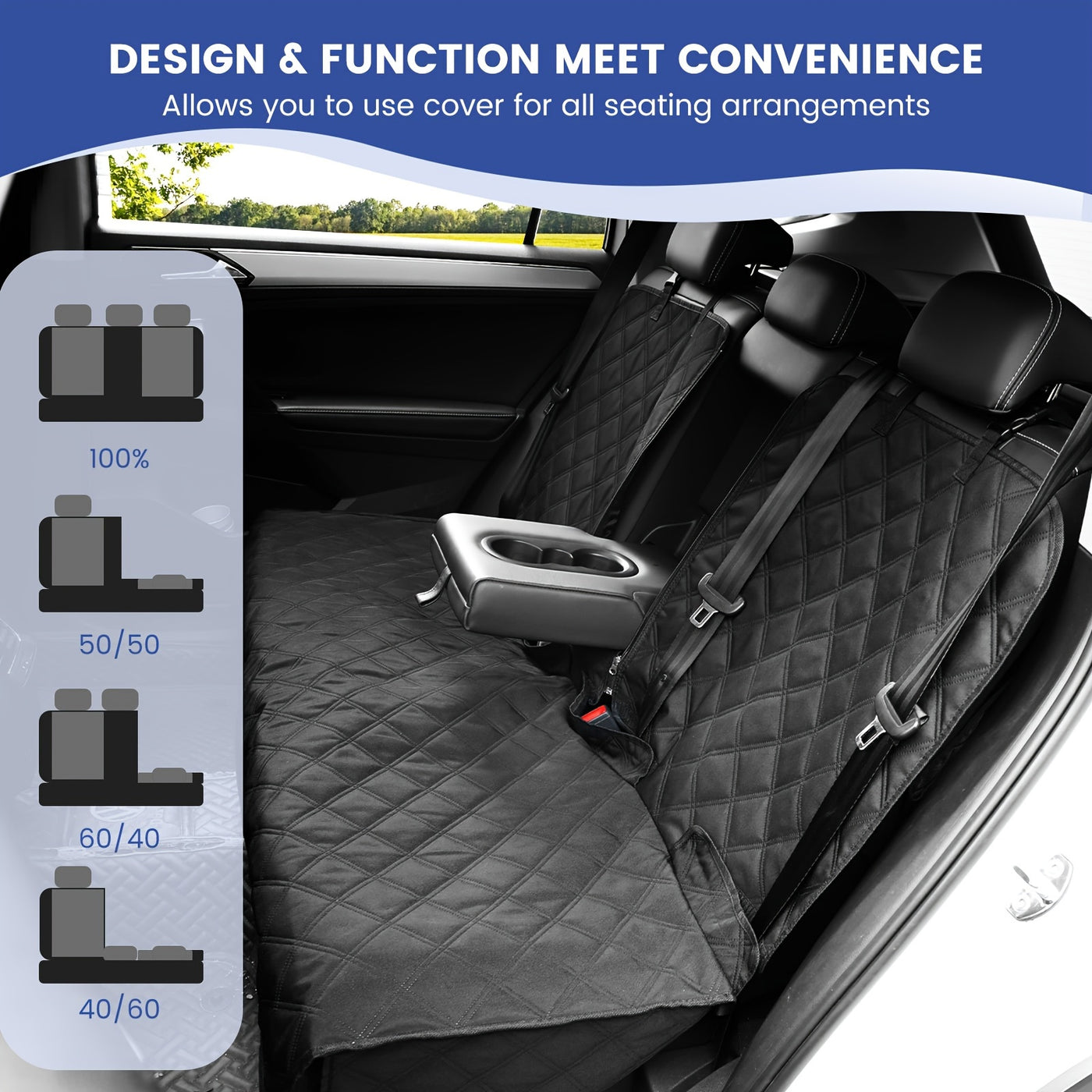 Car Back Seat Cover 60/40 Split Bench for Dogs & Kids – Waterproof Non-Slip 900D Seat Protector for Cars Trucks SUVs, Full Size 60" Black