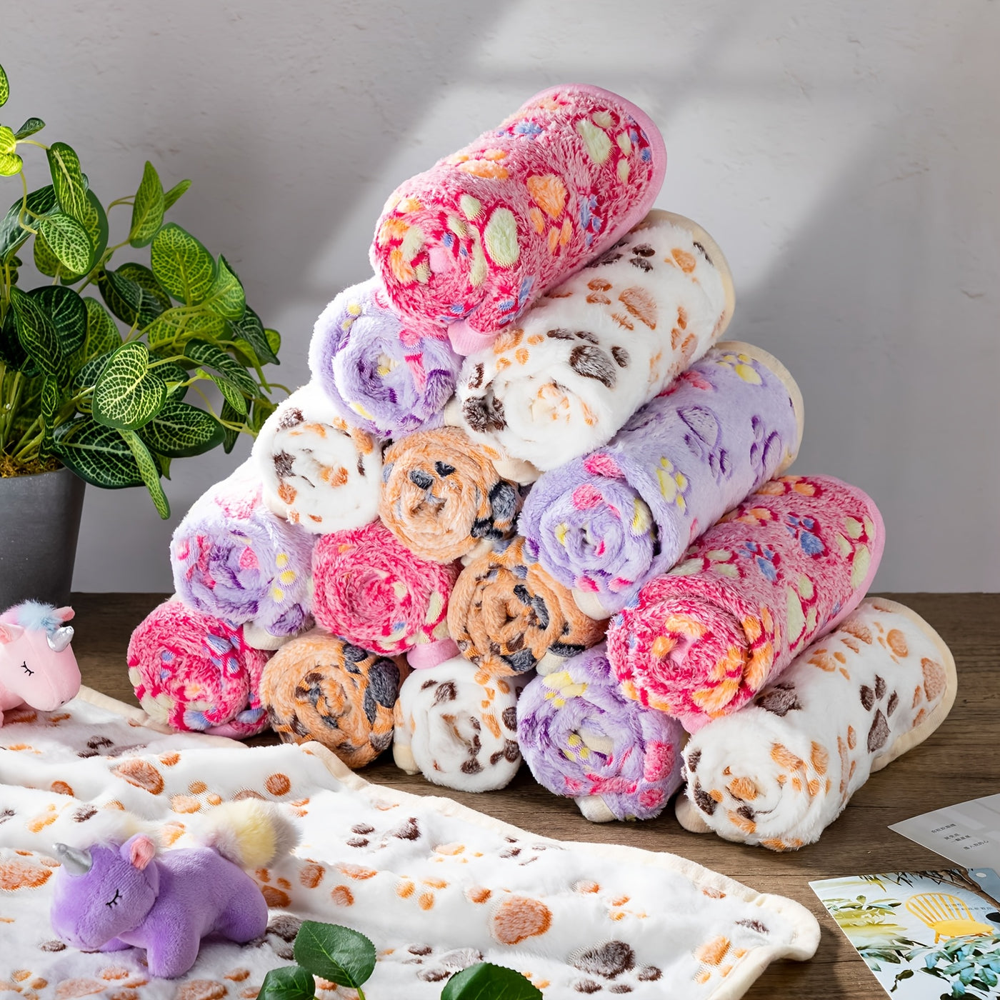 Soft Fleece Pet Blankets 40-Pack Washable Paw Print Throw for Dogs & Cats - Warm Cozy Puppy Kitten Bed Mat 24x16 Inch in 4 Colors for Small Dogs & Cats
