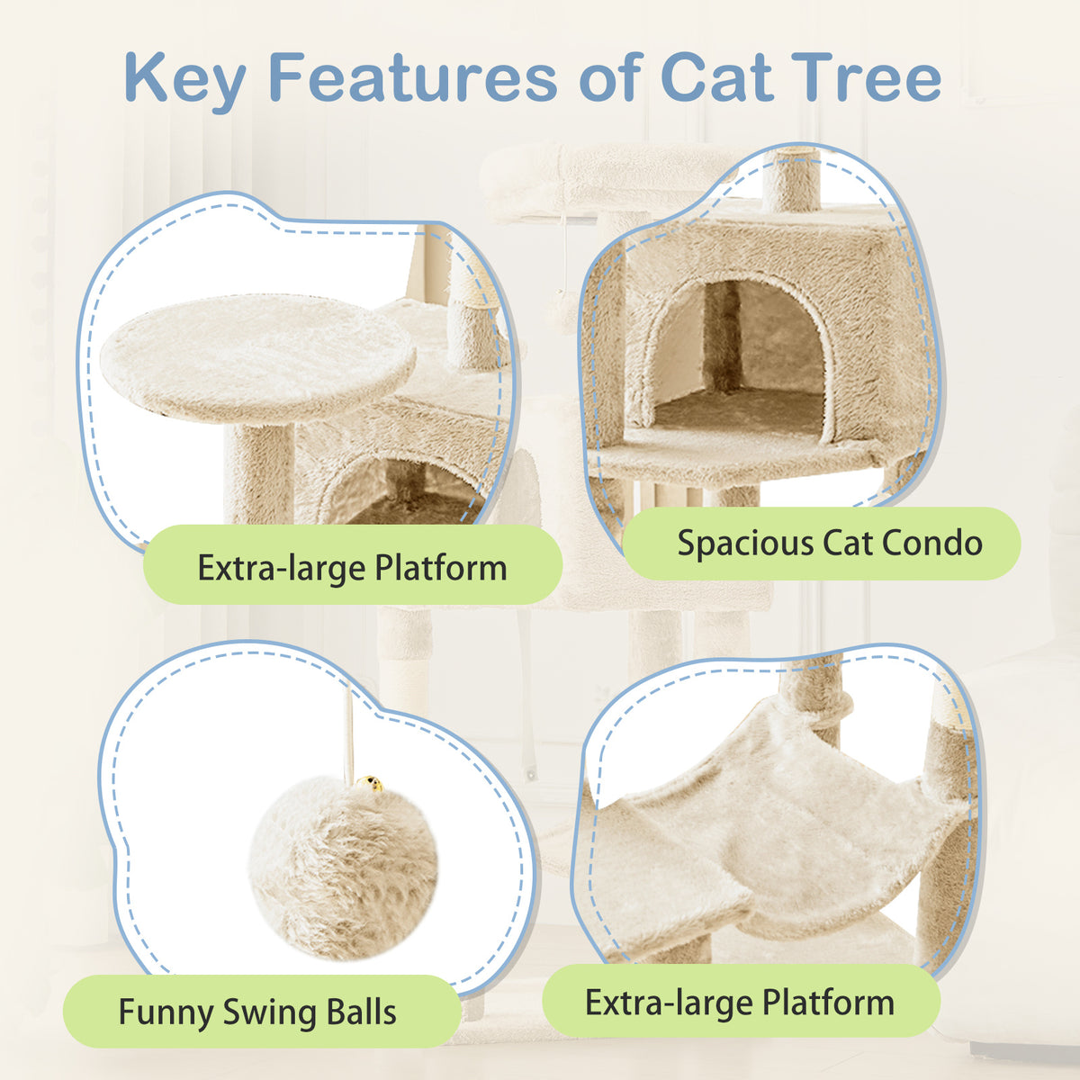 44-Inch Large Cat Tree Tower with Condo, Hammock & Sisal Scratching Posts – Multi-Level Indoor Cat House for Multiple Cats