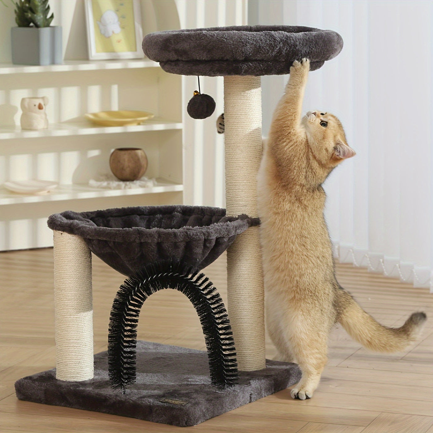 Cat Tree Tower 27.8" for Indoor Cats – Multi-Level Scratching Post with Plush Basket, Perch & Dangling Ball for Kittens and Small Cats, Grey