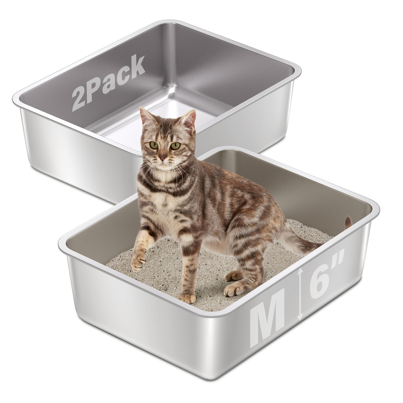 Stainless Steel Cat Litter Box 2 Pack M XL XXL Non-Stick Odor-Free Metal Litter Box for Medium and Large Cats Easy to Clean
