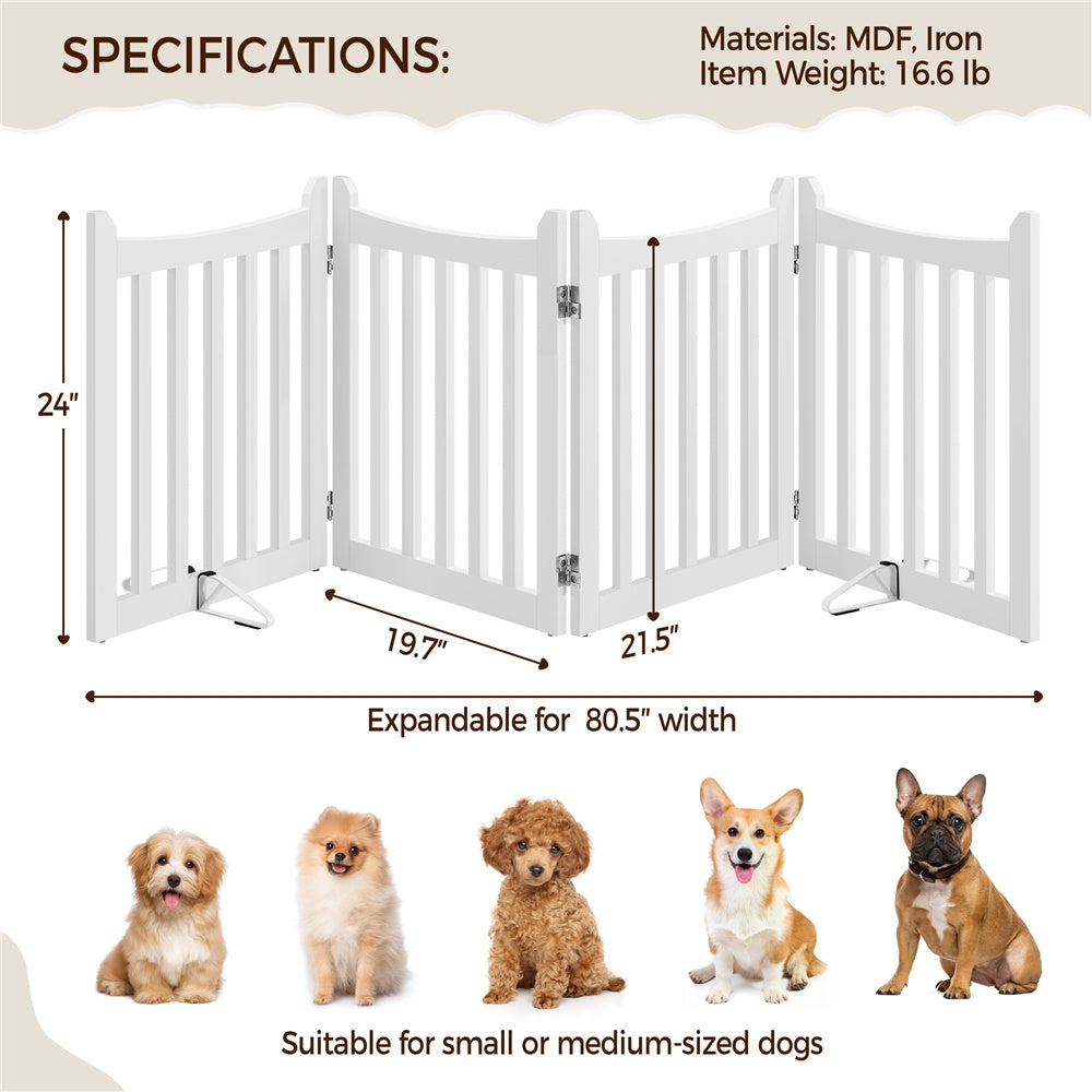 Freestanding Wooden Dog Gate Foldable Pet Fence with Door – 24" Tall Indoor Pet Barrier for Doorway Stairs, 3 or 4 Panels, White, Small Dogs