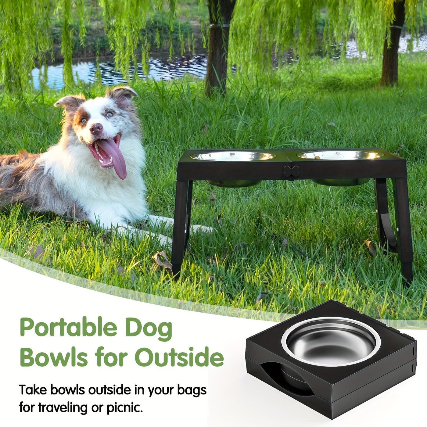 Elevated Dog Bowl Stand Foldable 5-Height Adjustable with 2 Stainless Steel Bowls - Raised Feeder for Small Medium Large Dogs & Cats Non-Slip