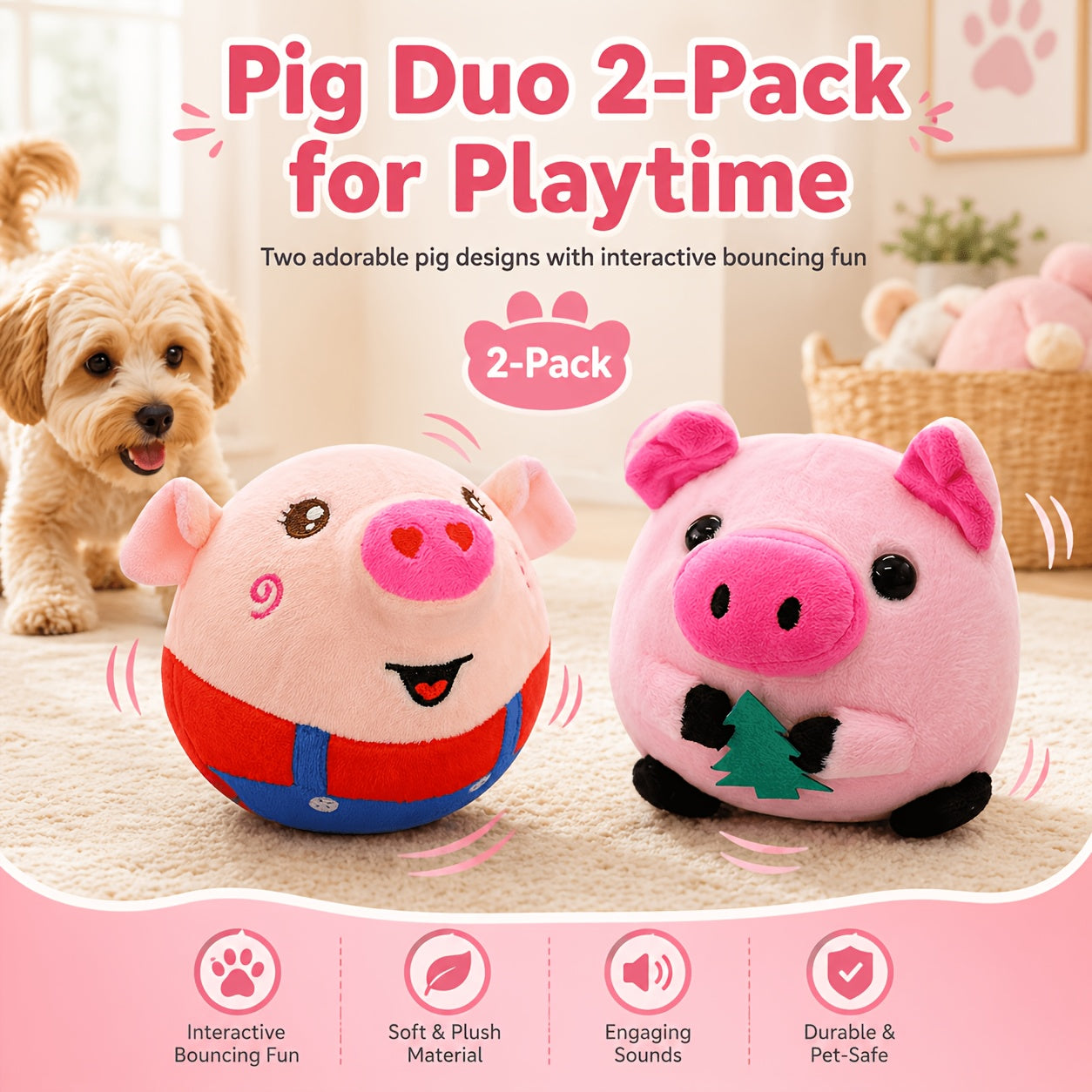 Rolling Bouncing Dog Toy with Motion Sensor & Animal Sounds – USB Rechargeable, Recording Mode, Washable, for Puppies & Small Dogs, Single or 2-Pack