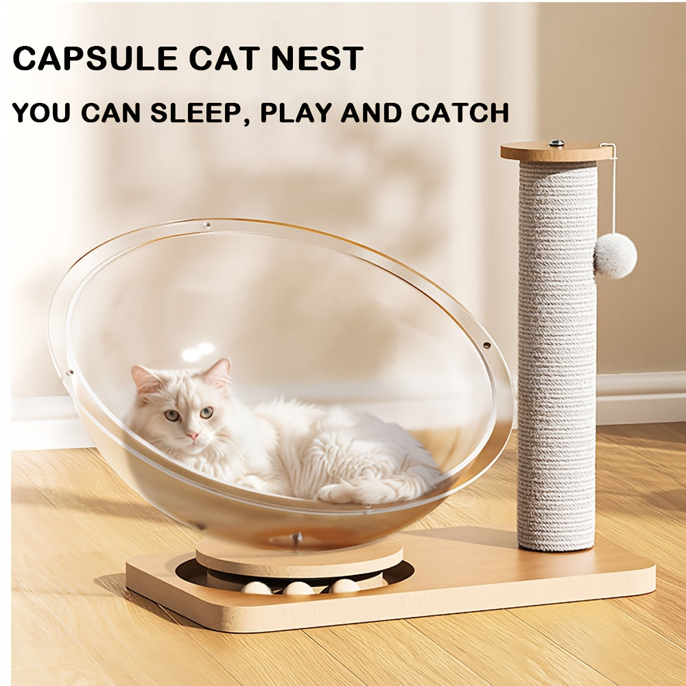 Space Capsule Cat Scratcher House 2-in-1 with Rail Ball Toy - Transparent Rotating Cat Play House Scratching Post Furniture Protector for Kittens & Cats, Interactive Cat Toy