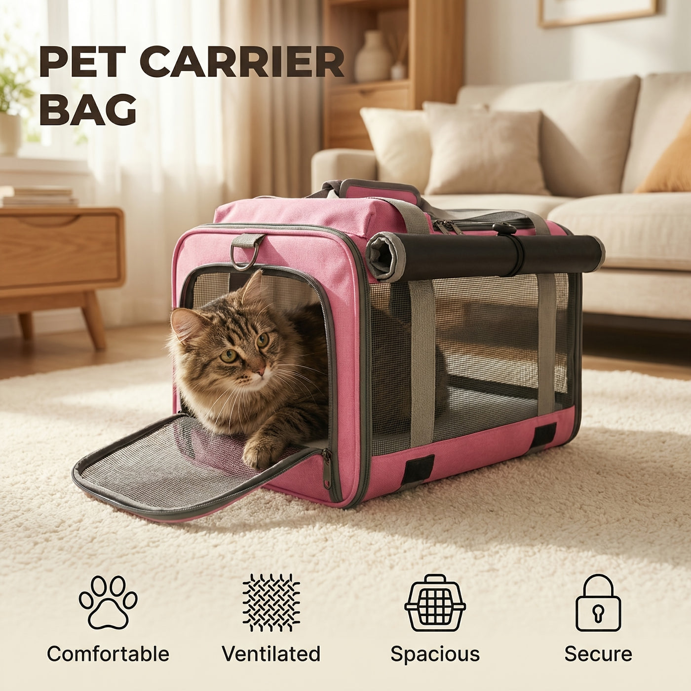 Airline Approved Soft-Sided Pet Carrier for Medium Cats & Small Dogs – Breathable Collapsible Oxford Travel Bag with Zipper, Optional Combo with Collar & Tether