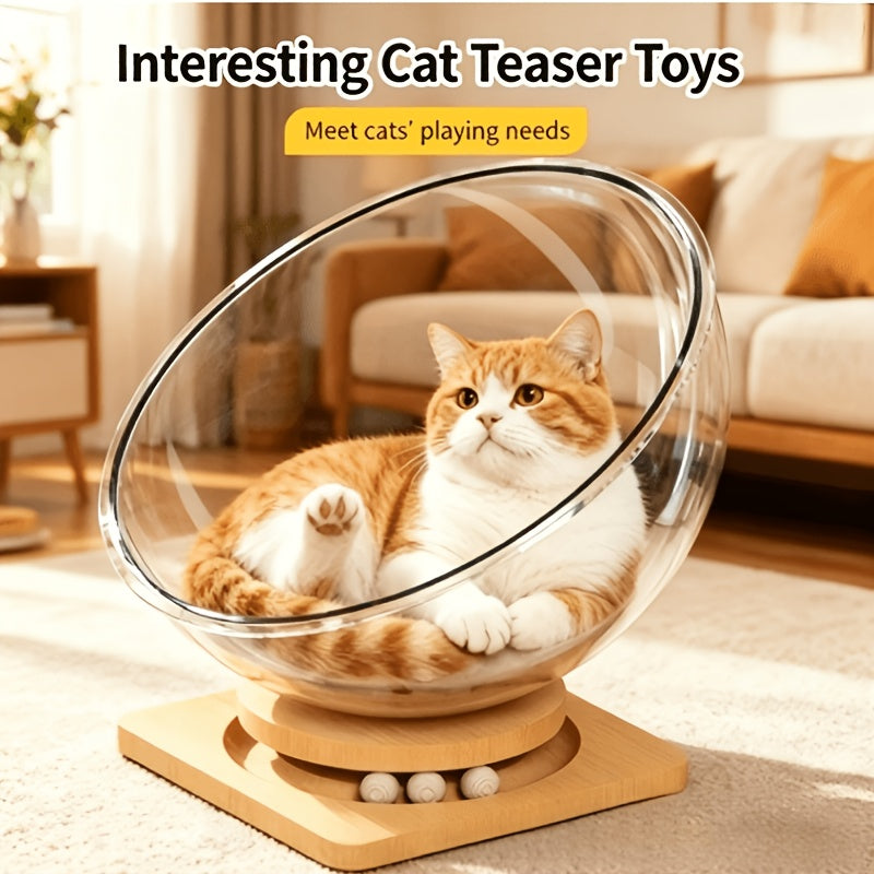 Space Capsule Cat Scratcher House 2-in-1 with Rail Ball Toy - Transparent Rotating Cat Play House Scratching Post Furniture Protector for Kittens & Cats, Interactive Cat Toy