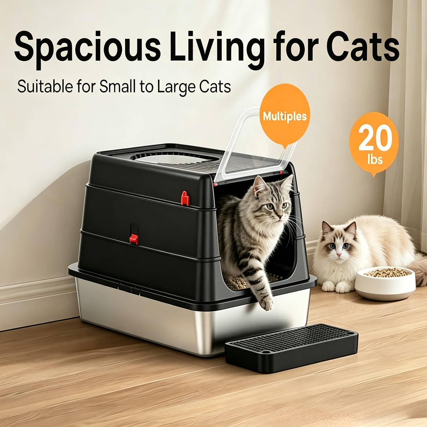 Stainless Steel Cat Litter Box XL Enclosed Odor-Proof with Scoop Step Pedal & Carbon Deodorizer for Large Cats