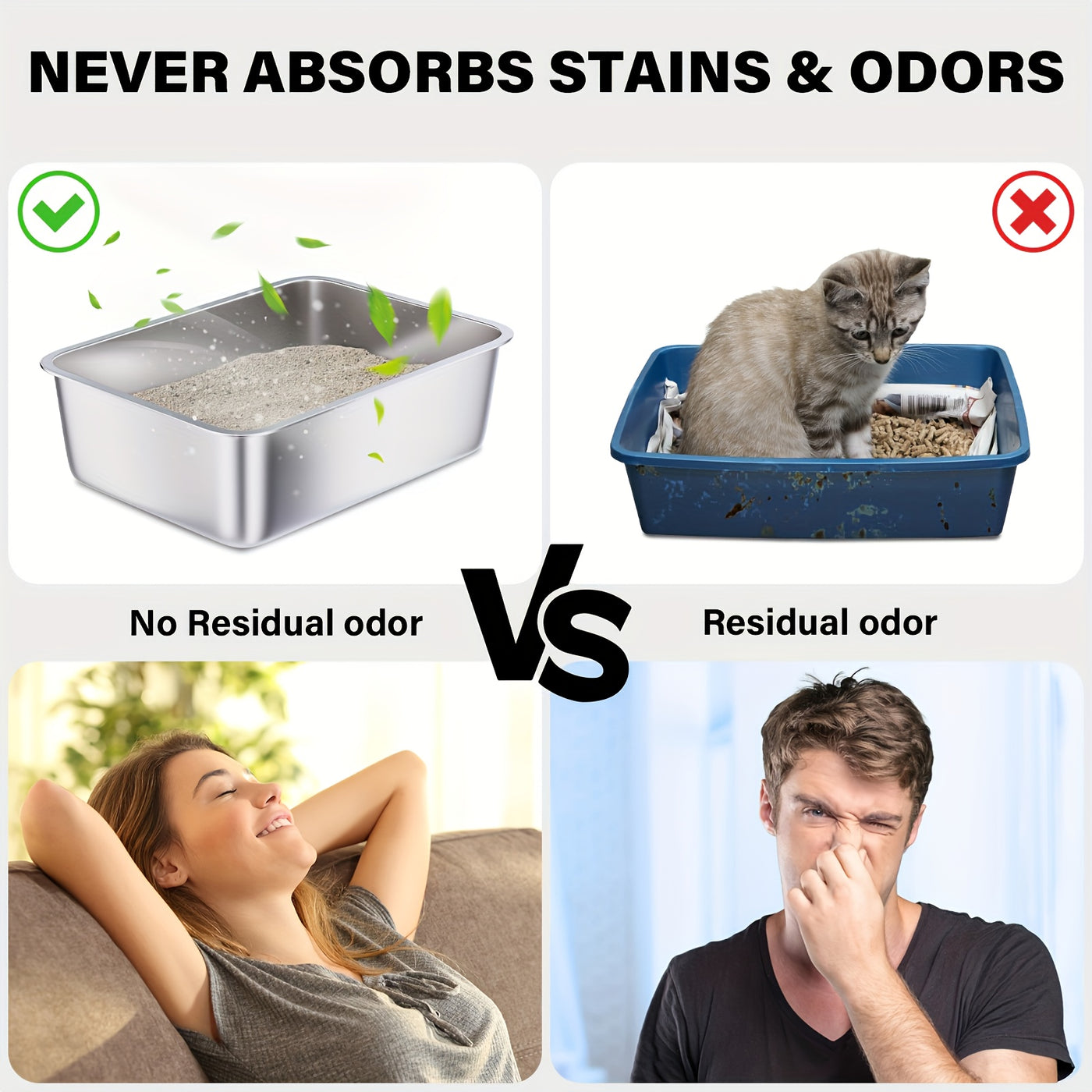 Stainless Steel Cat Litter Box 2 Pack Extra Large 6 Inch Deep High Sides XL Metal Litter Box for Big Cats Easy to Clean Corner Fit
