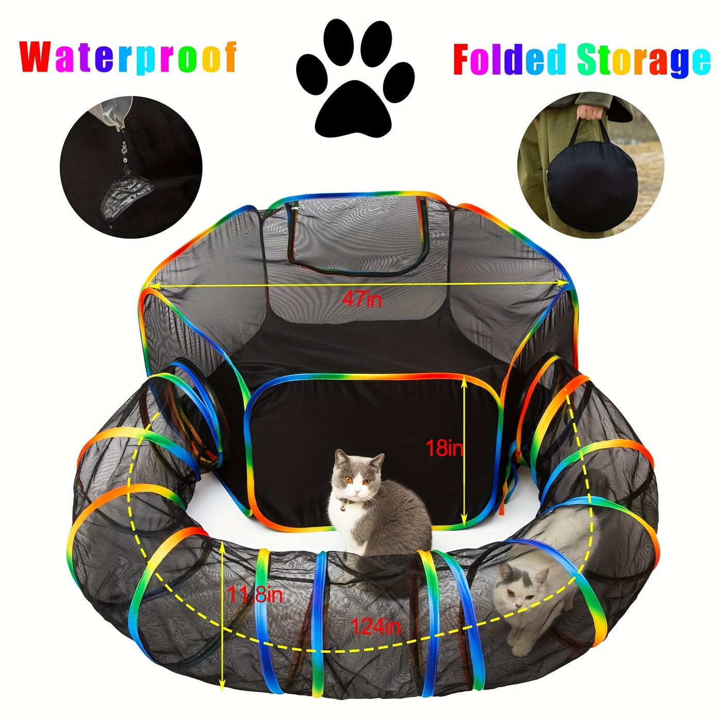 Outdoor Cat Enclosure Portable Catio with Play Tunnel - Cat Tent Playpen for Indoor Cats Outside, Enclosed Cat Run Cage-Free Cat Yard for Small Animals