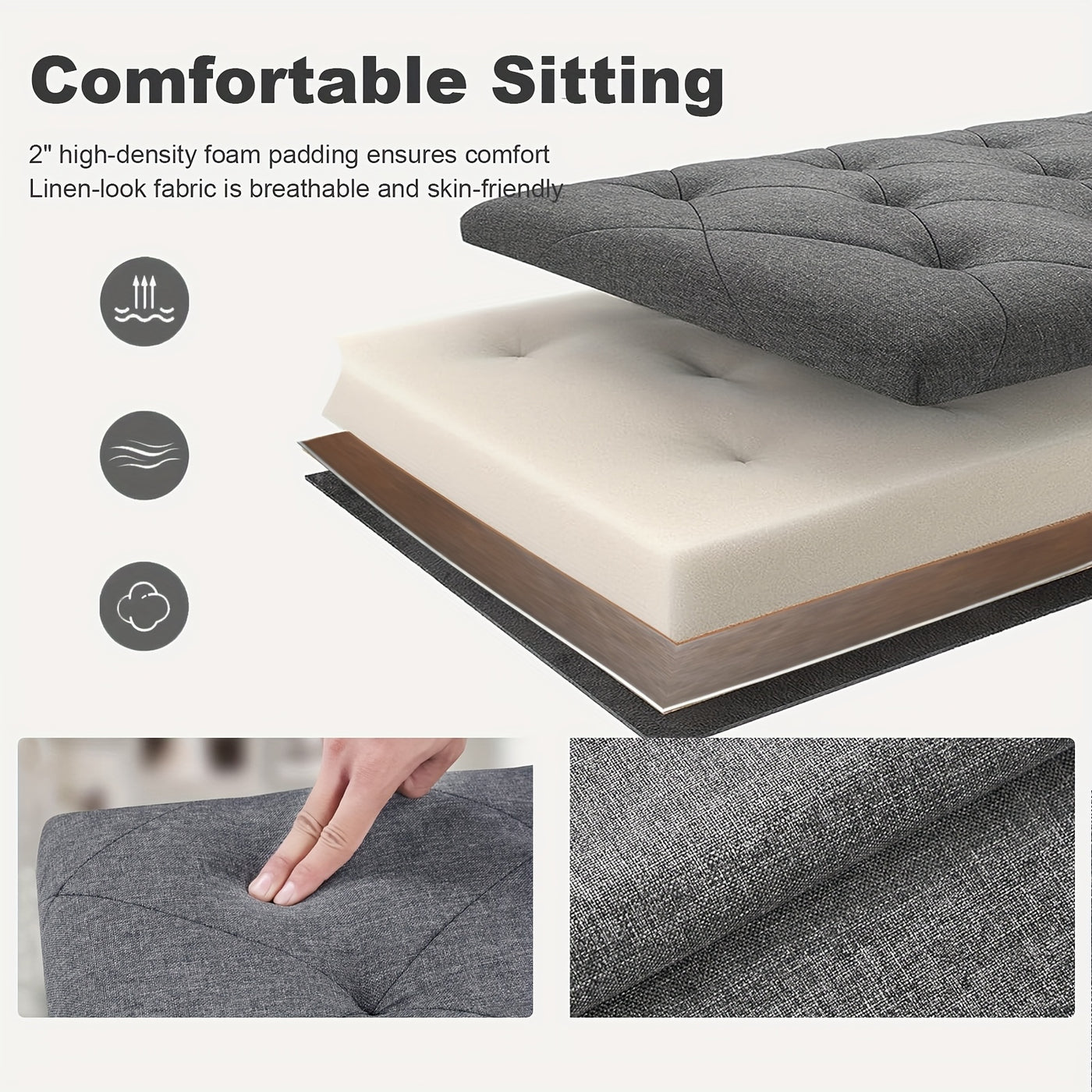 Storage Ottoman Bench Foldable with Padded Seat – End of Bed Bench & Storage Chest for Bedroom & Living Room, 2 Sizes, Grey