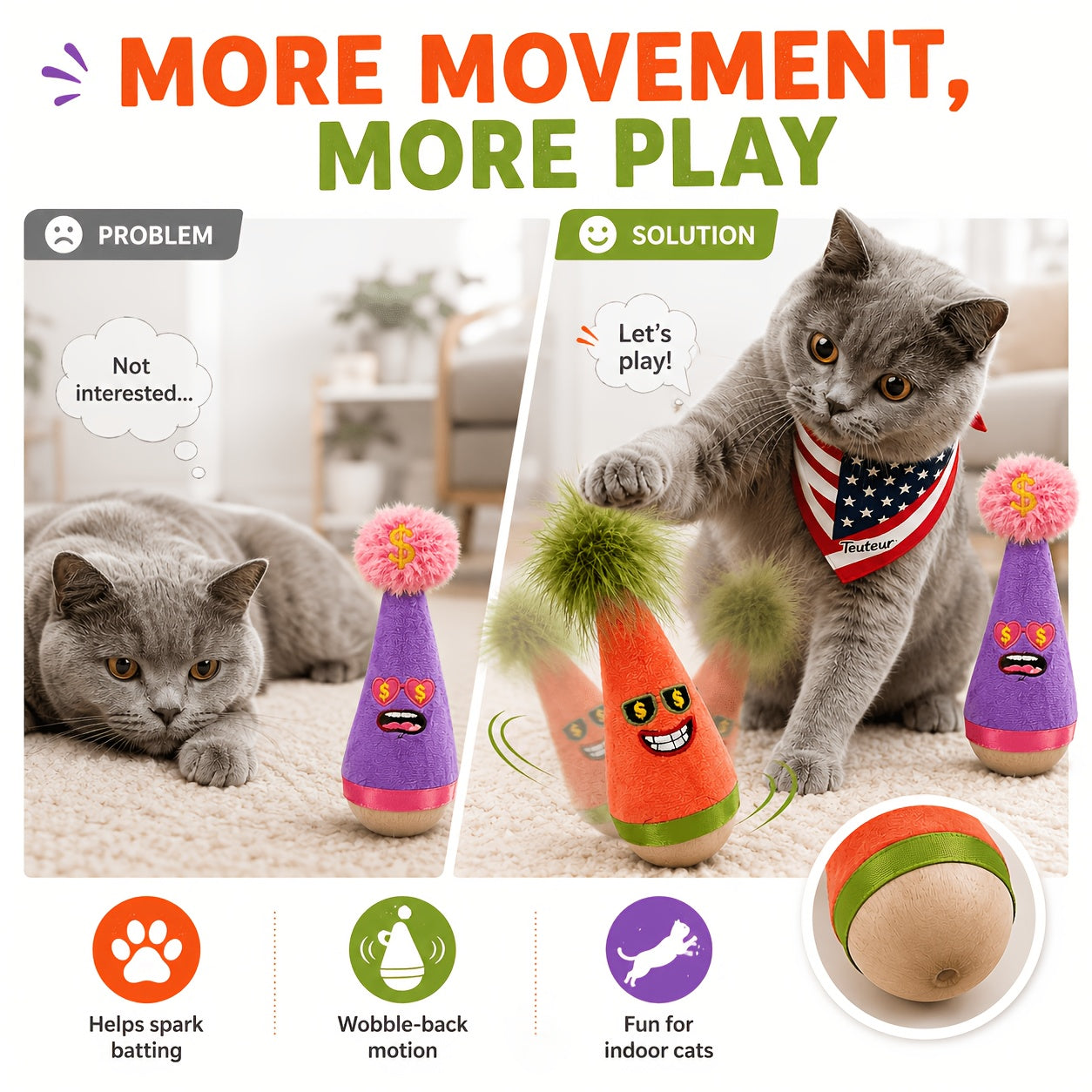 Catnip Wobble Feather Cat Toy with Mint Powder - Interactive Hunting Chase Toy for Kittens & Adult Cats Self-Play Indoor Exercise