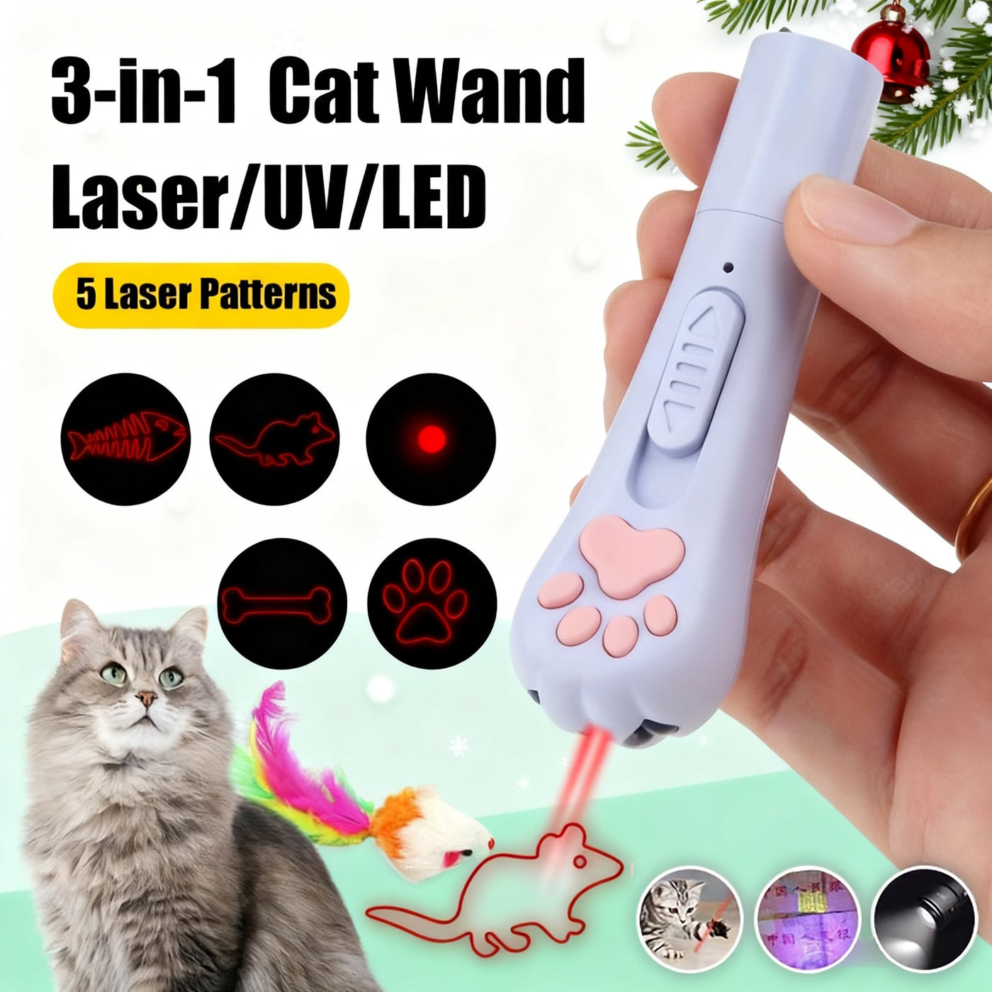 Interactive Cat Toy USB Rechargeable – 7-in-1 Teaser Wand with 7 Play Modes, Bonus Mouse Toy, Exercise & Enrichment for Indoor Cats and Dogs, Pink & Blue