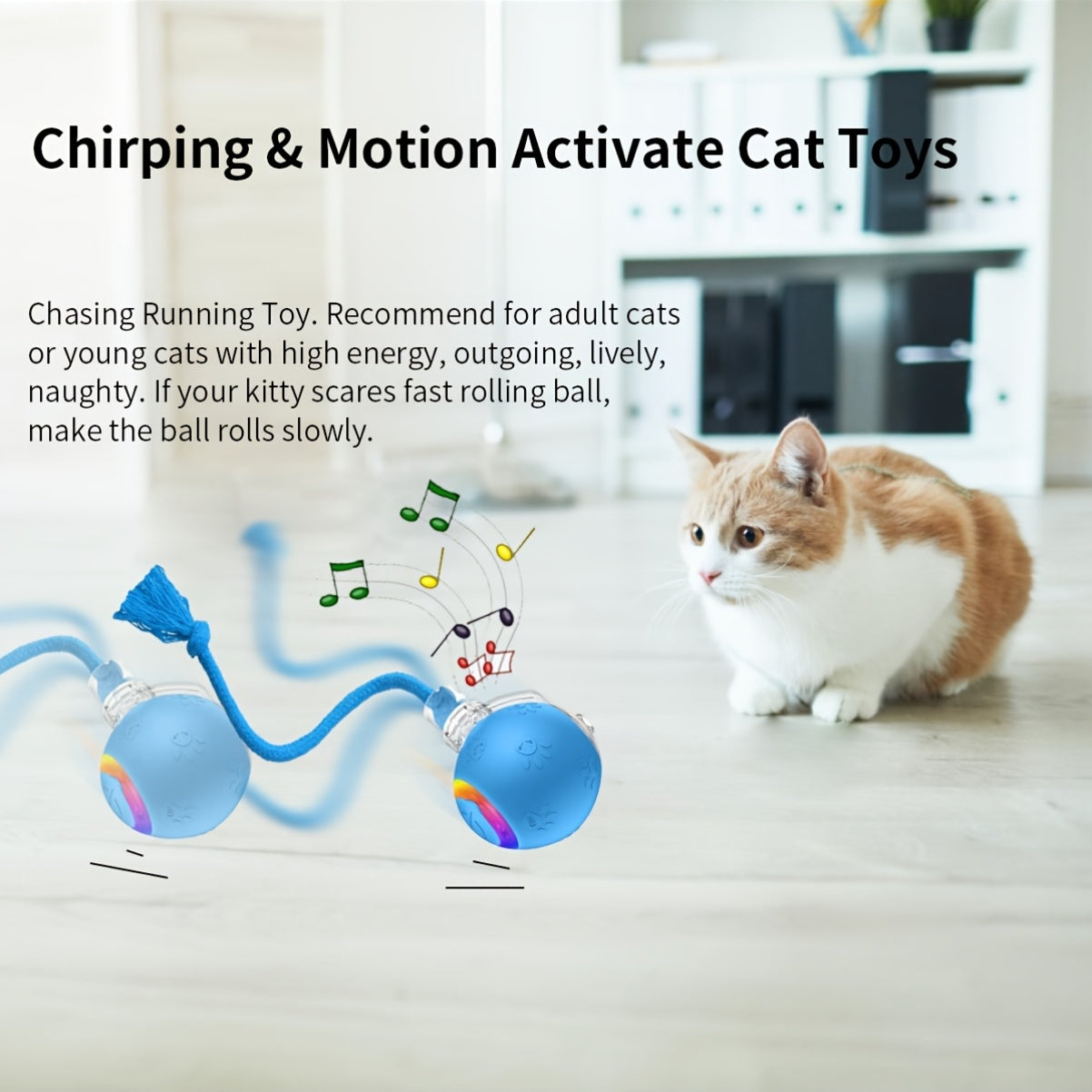 Motion-Activated Smart Cat Toy 2-Pack USB Rechargeable with Bird Sounds Colorful Lights - Interactive Self-Play for Indoor Cats & Kittens