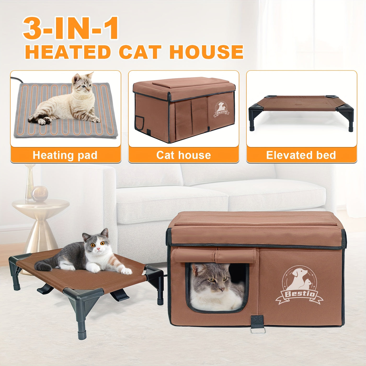 Heated Cat House Outdoor Indoor 3-in-1 with Removable Warming Pad - Elevated Cat Shelter, Chew-Resistant Cord, All-Season Cat Cave for Cats Kittens Small Dogs, Small & Large Sizes