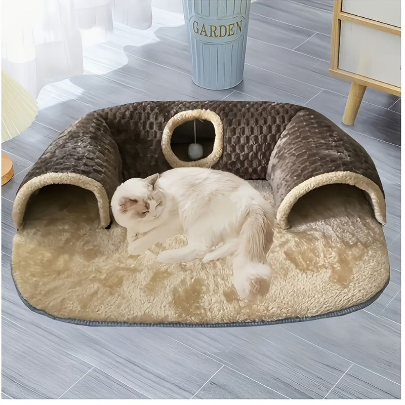Cat Tunnel Bed & Playhouse 3-in-1 – Soft Plush Polyester Cat Tunnel with Non-Slip Base, Easy Clean, for Cats Kittens & Rabbits, 17.64lbs Capacity