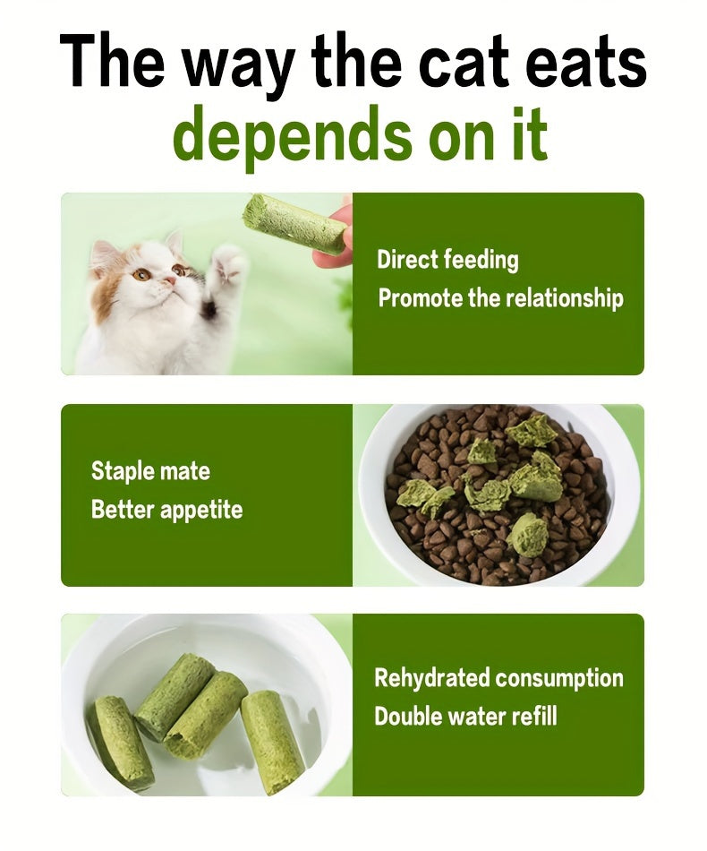 Cat Grass Sticks for Hairball Control – Freeze-Dried Catnip Treats with Instant Granules & Hair Cream Tablets for Indoor Cats | 15pcs / 3x5pcs Pack