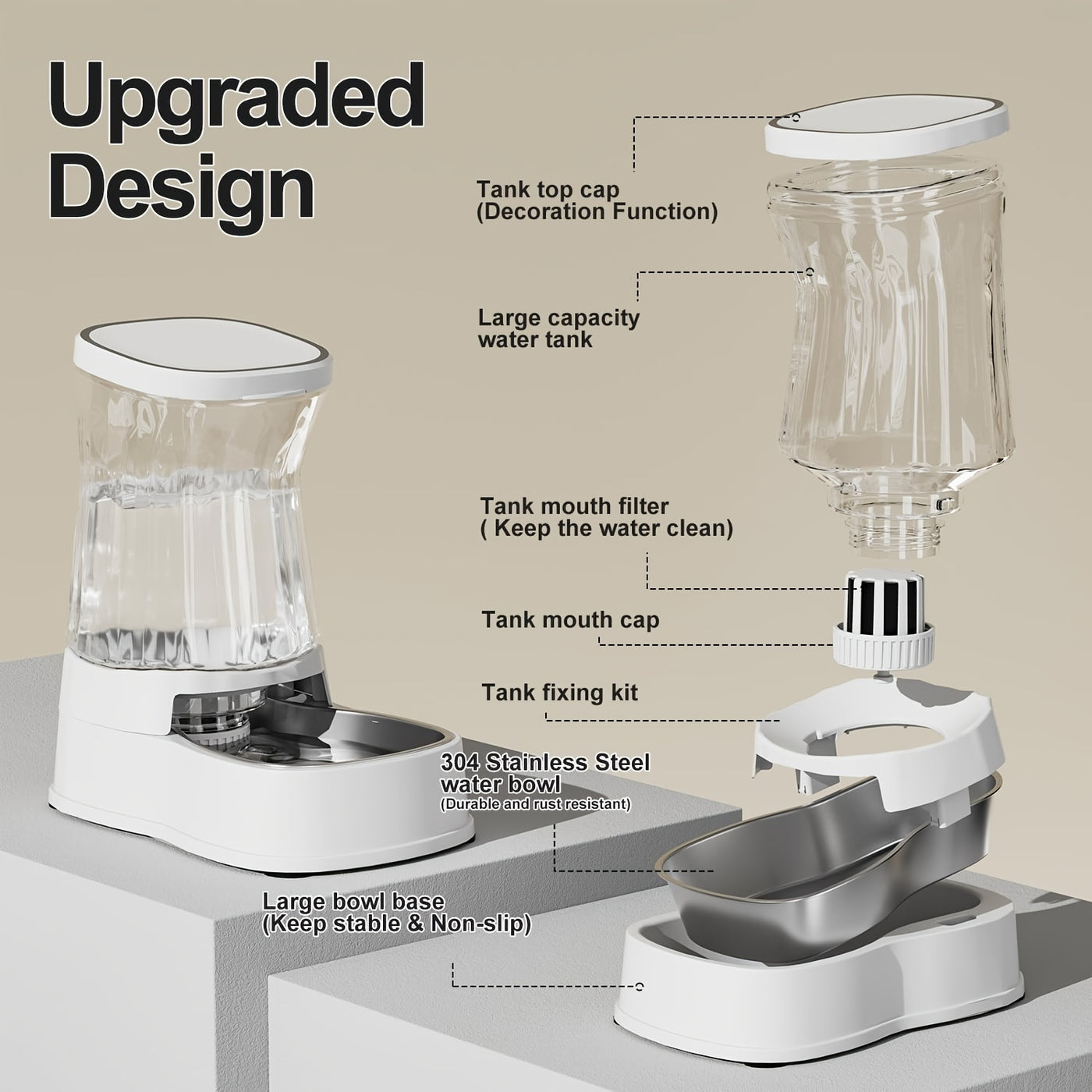 1 Gallon Gravity Pet Water Dispenser – Stainless Steel Bowl with Filter, Non-Slip BPA-Free No Electricity, Easy Clean for Cats & Dogs