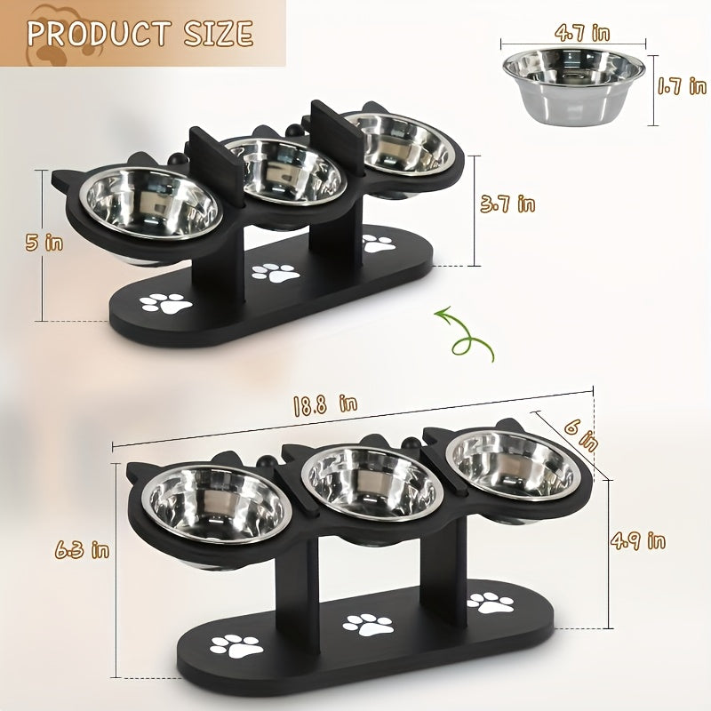 Elevated Cat Bowls 15° Tilted Stainless Steel – Raised Bowl Stand Feeder with Anti-Spill Wooden Base, Set of 2 or 3, for Cats & Small Dogs