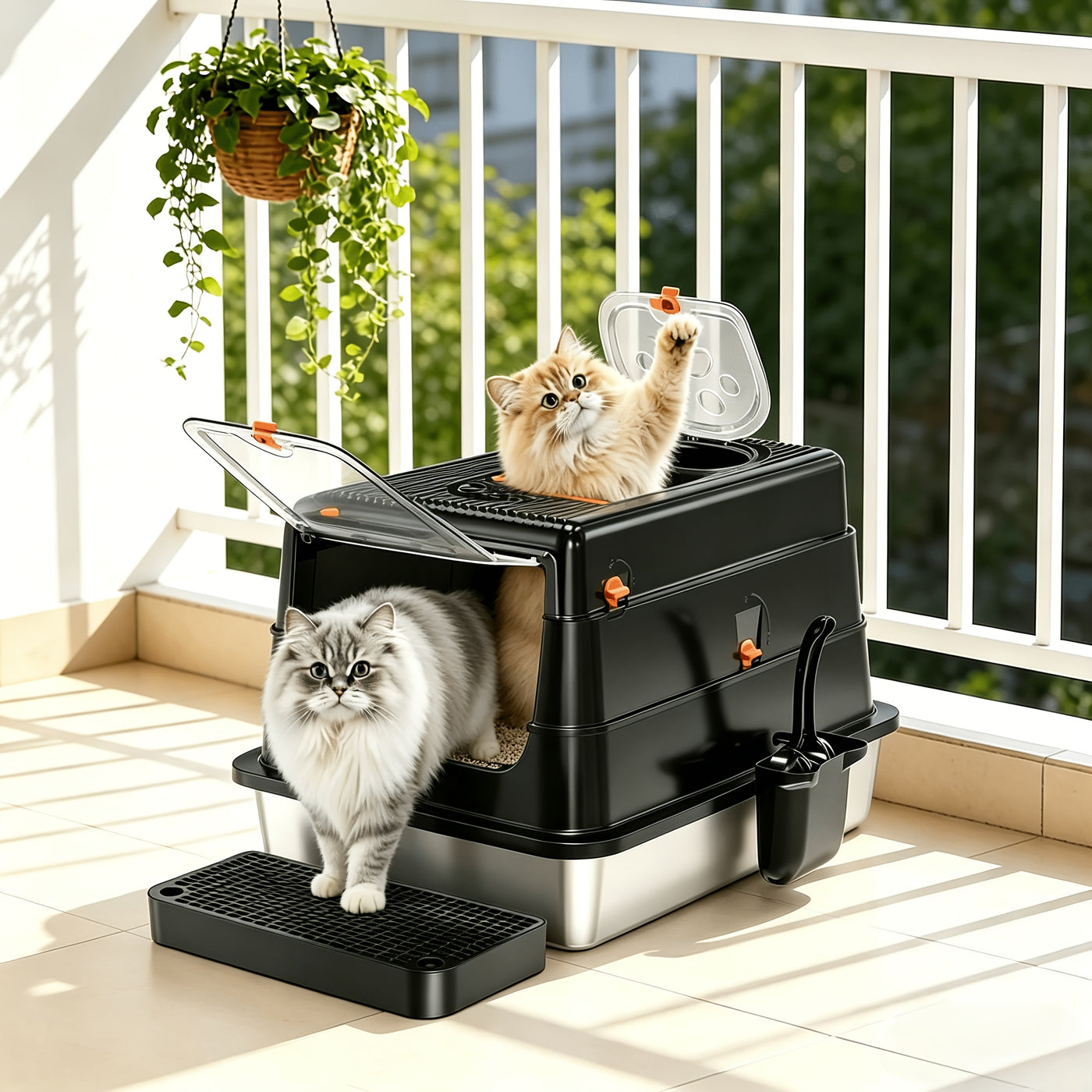 Stainless Steel Cat Litter Box XL Enclosed Odor-Proof with Scoop Step Pedal & Carbon Deodorizer for Large Cats