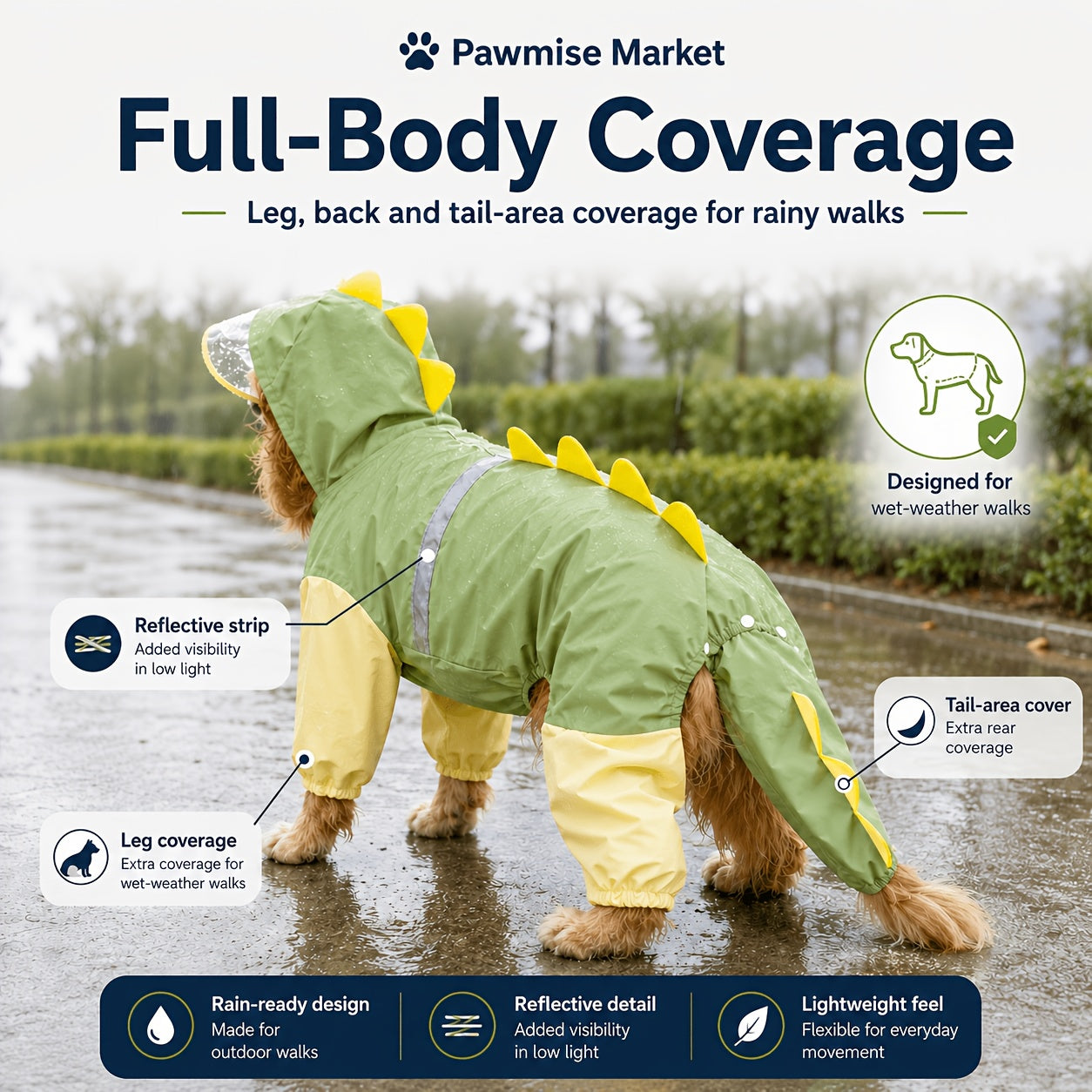 Large Dog Raincoat Dinosaur Costume Full Body – Waterproof Rain Jacket with Hood & Tail for Golden Retriever Labrador, Funny Outdoor Pet Outfit 3XL-8XL