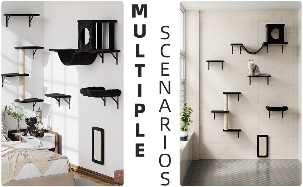 Wall Mounted Cat Climbing Shelf Set – 6 or 7 Piece Cat Wall Furniture with Scratching Post, Bridge, Ladder & Tunnel, Indoor Cat Condo for Cats of All Sizes