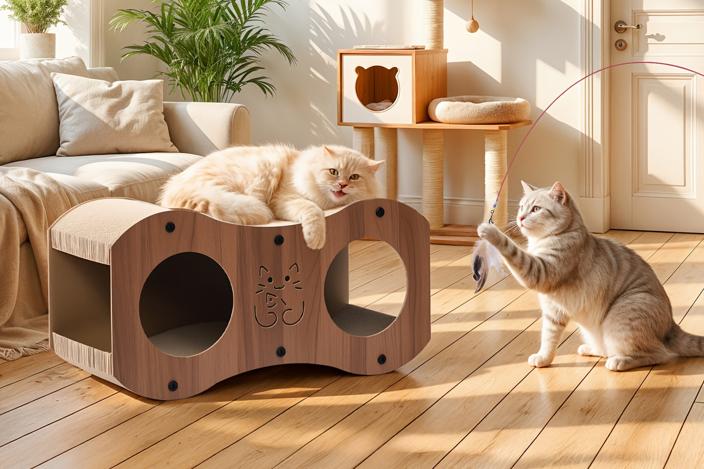 Cat Scratching Post with Integrated Woven Bed & Cat Toy - Sturdy Wood Base 4-Season Scratch Pad for Indoor Cats, Lounging & Play, Oak or Walnut Color