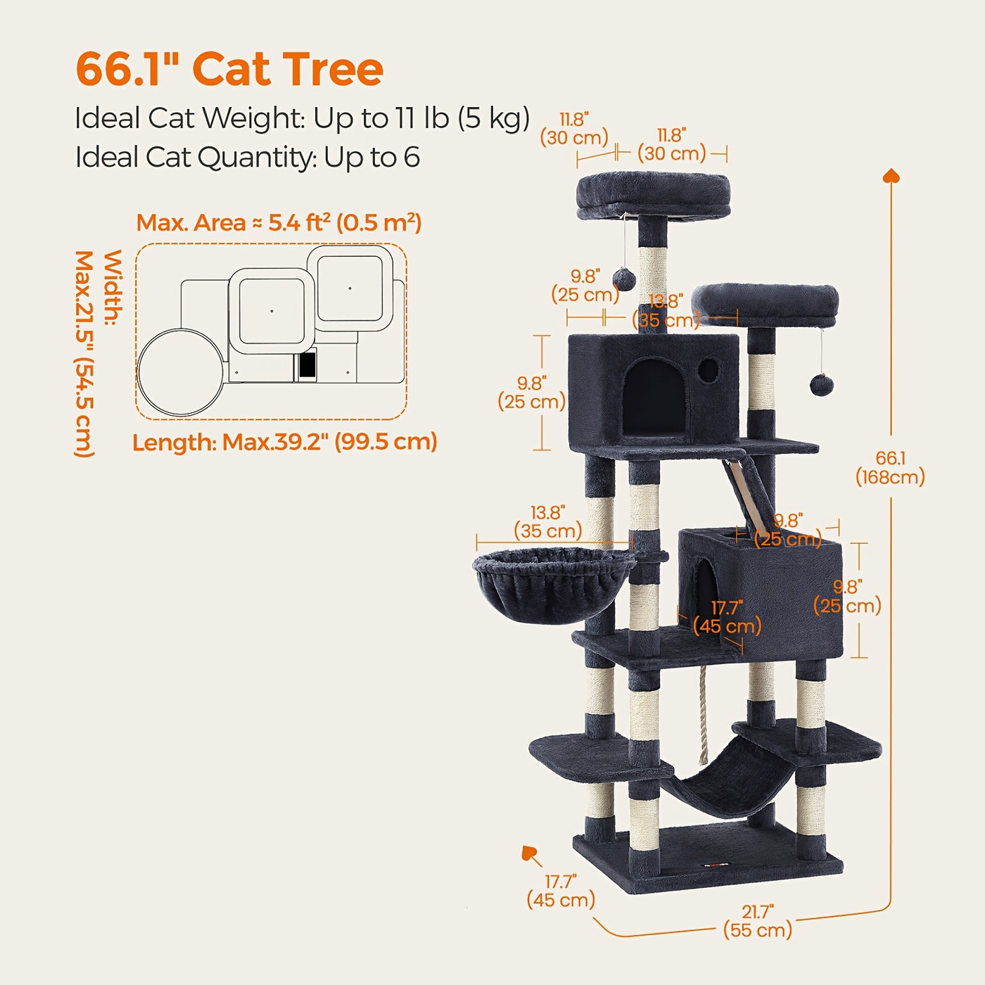 Multi-Level Cat Tree Tower with Cave & Plush Hammock - 44/66/79in Tall Cat Condo, 4 Sisal Scratching Posts, 2 Perches, Anti-Tilt, Pompom Toys for Multi-Cat Families, 5 Colors