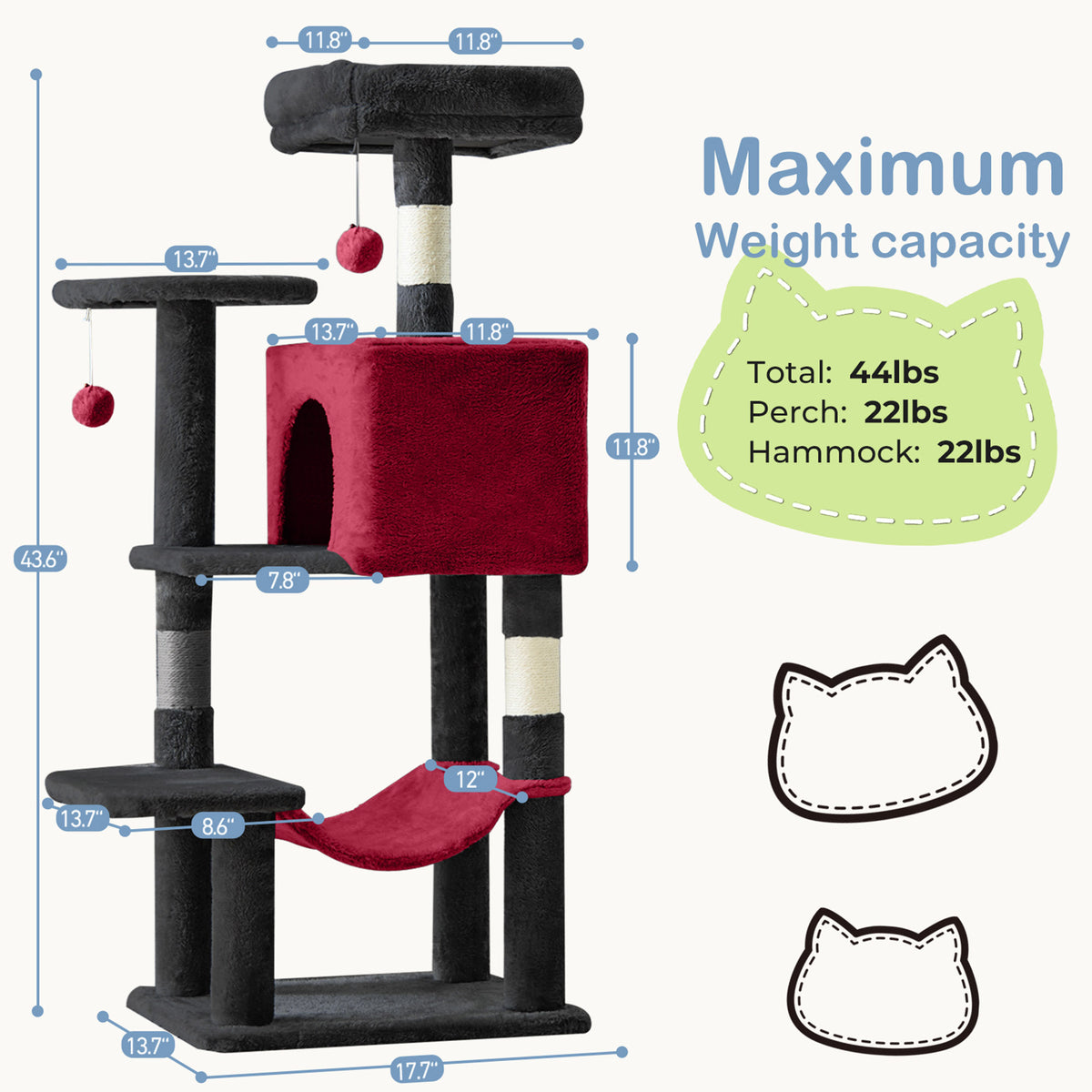 44-Inch Large Cat Tree Tower with Condo, Hammock & Sisal Scratching Posts – Multi-Level Indoor Cat House for Multiple Cats