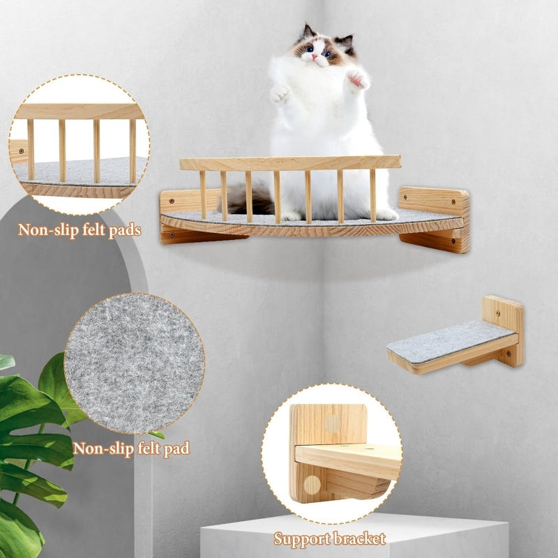 Wall Mounted Cat Shelves 5-Piece Set with Climbing Steps & Felt Pads – Cat Wall Furniture Hammock Rack, Holds 20 lbs, Black or White Wood
