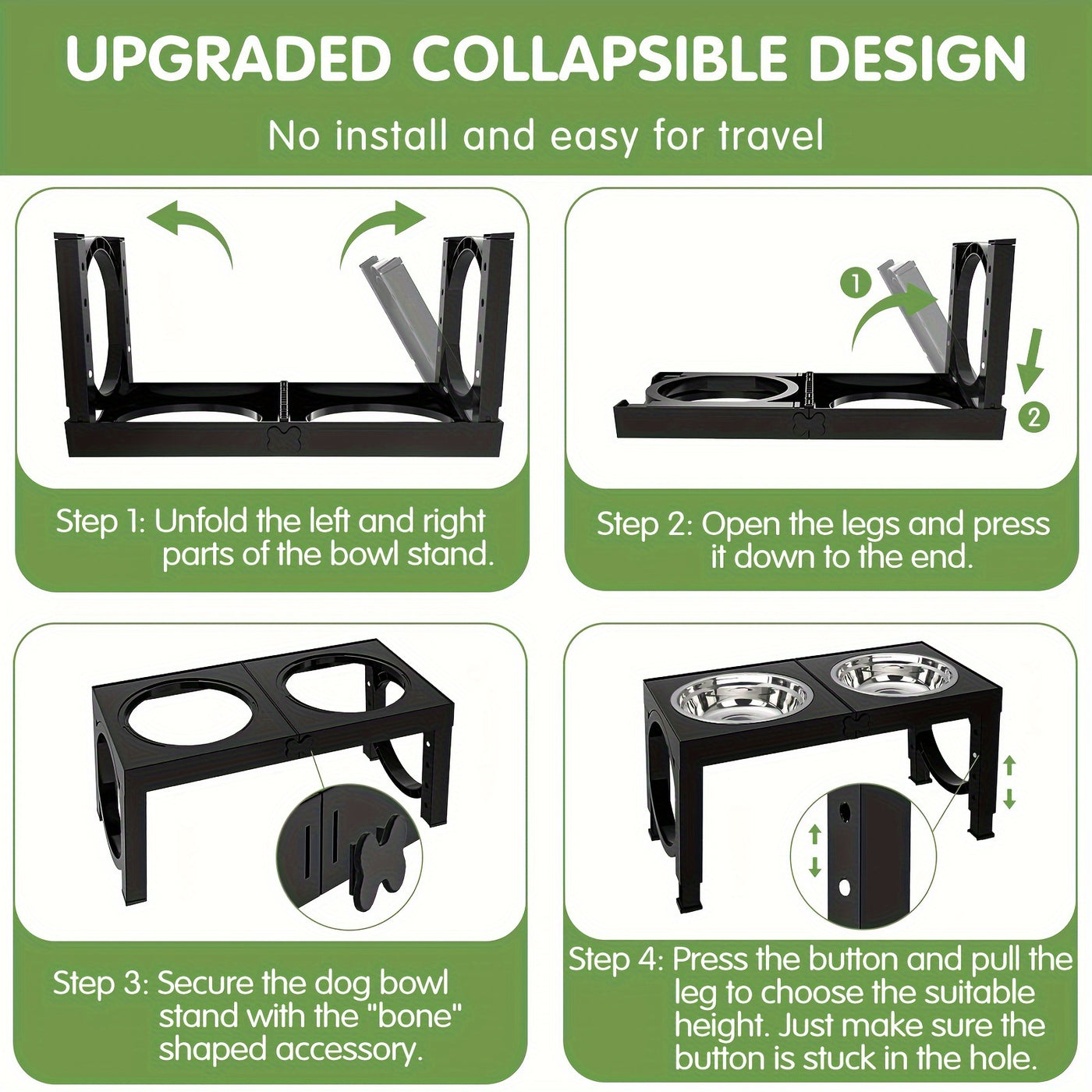Elevated Dog Bowl Stand Foldable 5-Height Adjustable with 2 Stainless Steel Bowls - Raised Feeder for Small Medium Large Dogs & Cats Non-Slip