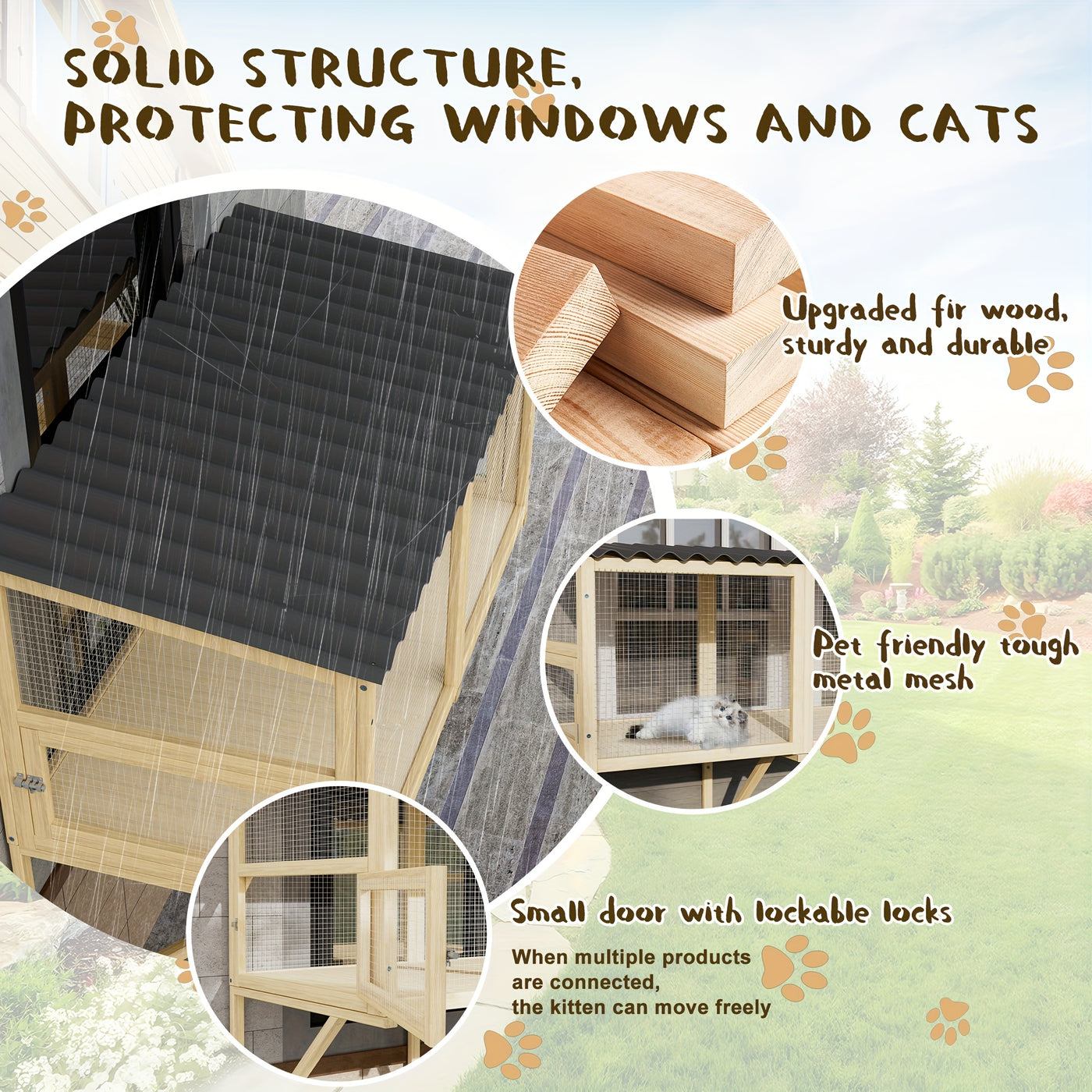Cat Catio Window Perch Outdoor Enclosure for Large Cats - Wooden Window Box Hammock for Indoor Cats Sunbathing & Napping with 360° View, Rain-Proof Roof & Expandable Design