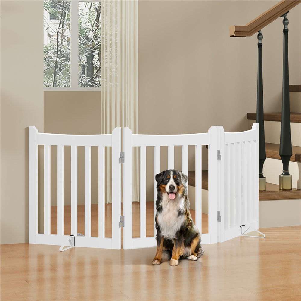 Freestanding Wooden Dog Gate Foldable Pet Fence with Door – 24" Tall Indoor Pet Barrier for Doorway Stairs, 3 or 4 Panels, White, Small Dogs