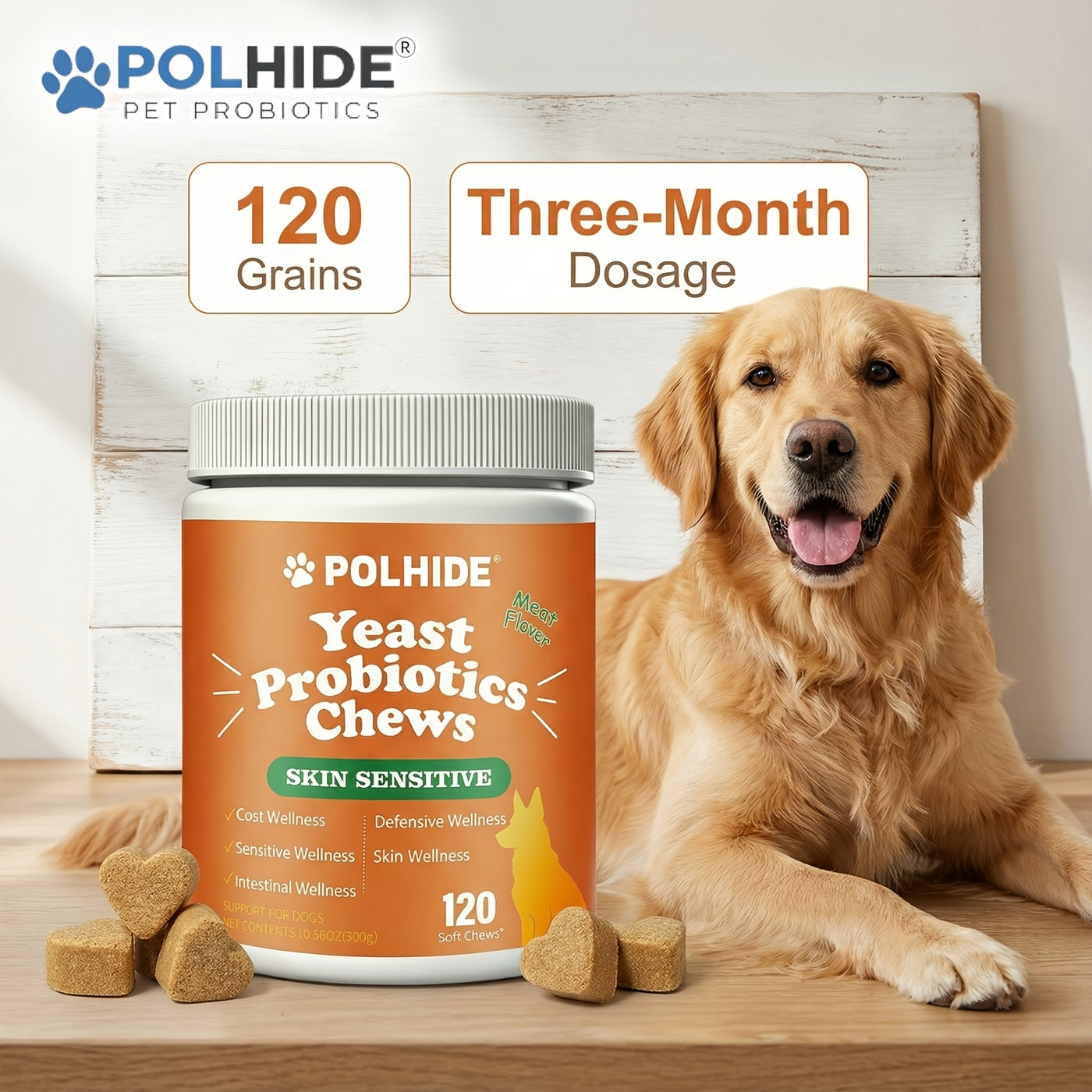 Yeast Probiotic Chews for Dogs – 90-Day Supply, 120 Meat Flavor Soft Chews, Supports Coat & Gut Health, Sensitive Skin & Defensive Wellness, All Ages