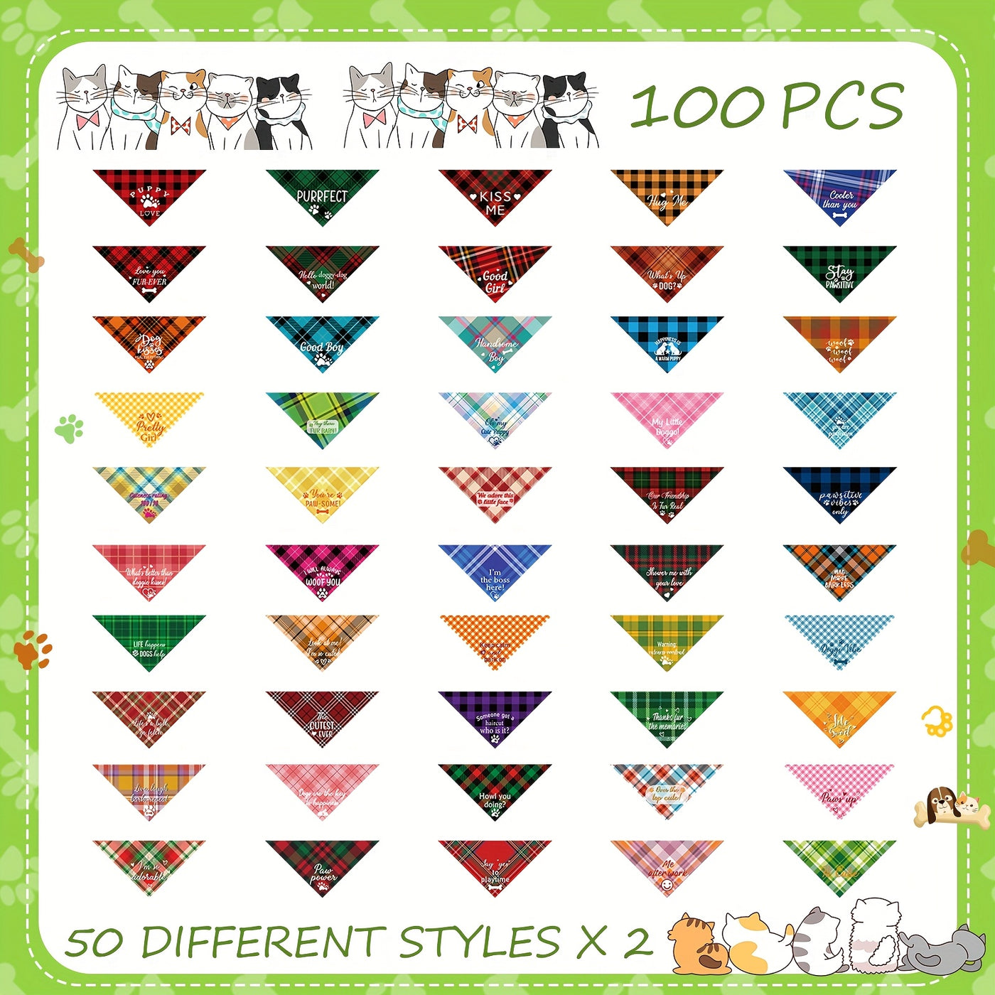 Dog Bandanas Bulk 100 Pack – Plaid & Paw Print Triangle Scarf Kerchief with Captions, Adjustable Washable Pet Bandana for Small to Medium Dogs & Cats, Grooming Accessory Gift