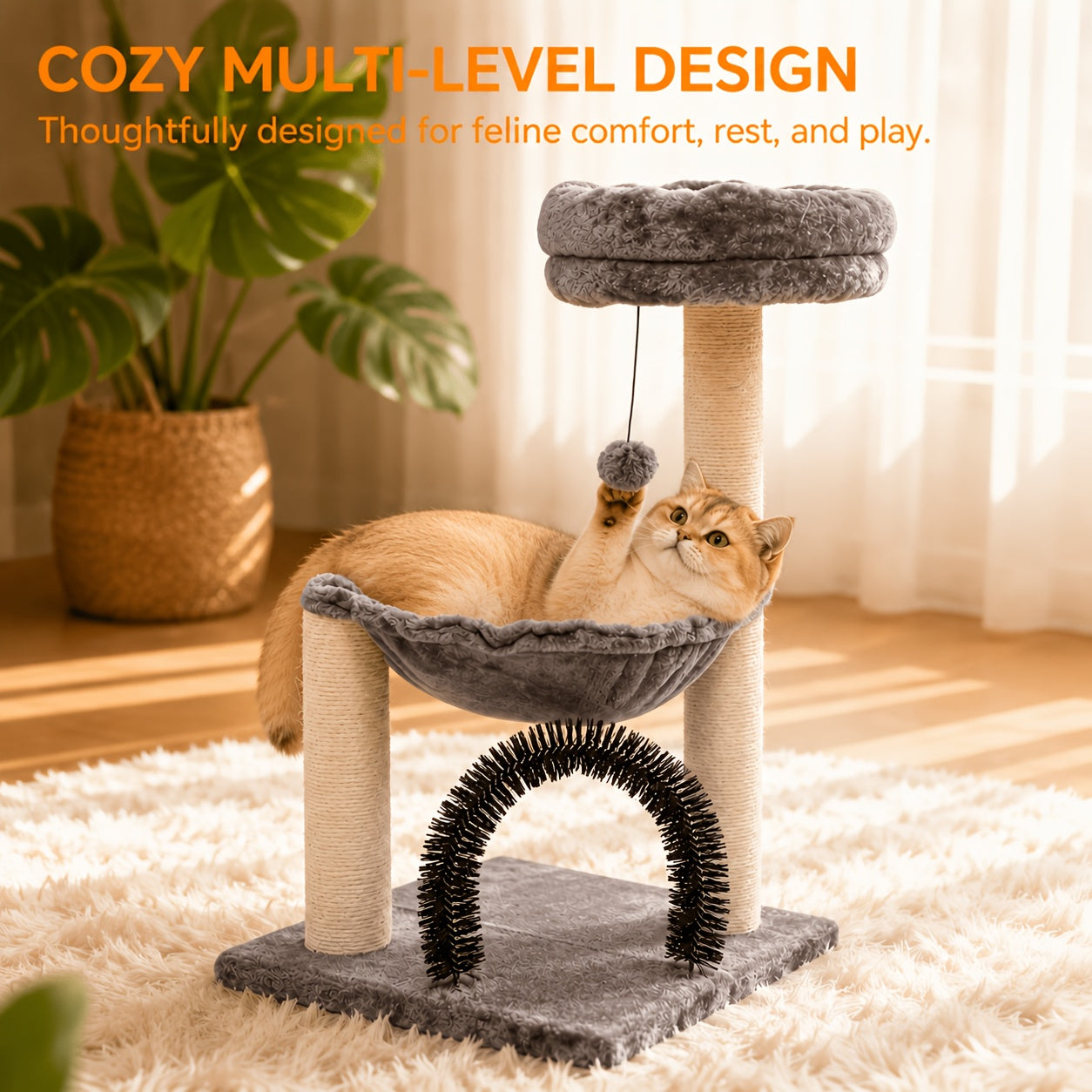 Cat Tree Tower 27.8" for Indoor Cats – Multi-Level Scratching Post with Plush Basket, Perch & Dangling Ball for Kittens and Small Cats, Grey