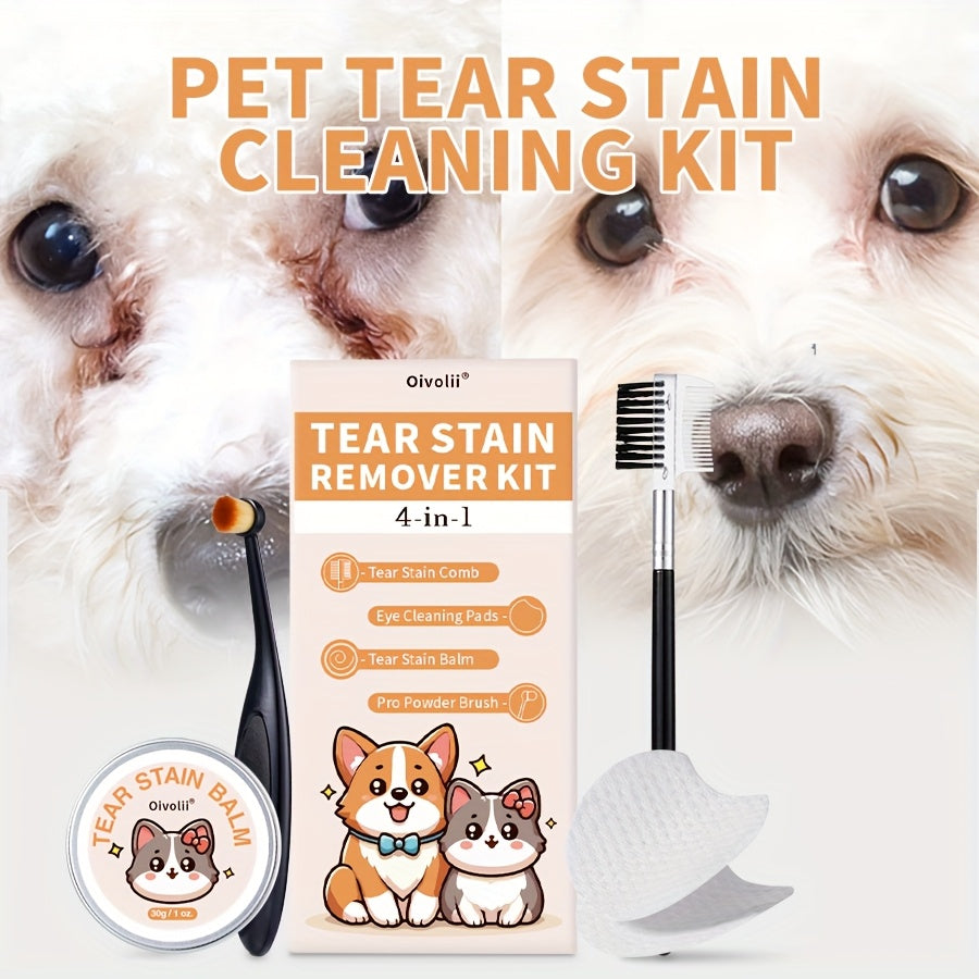 Dog Eye Tear Stain Remover Kit 4-in-1 – Brush, Cream, Wipes & Comb for Pet Eye Cleaning and Tear Duct Care