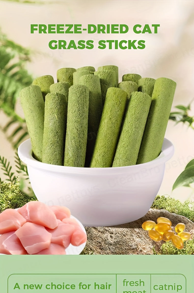 Cat Grass Sticks for Hairball Control – Freeze-Dried Catnip Treats with Instant Granules & Hair Cream Tablets for Indoor Cats | 15pcs / 3x5pcs Pack