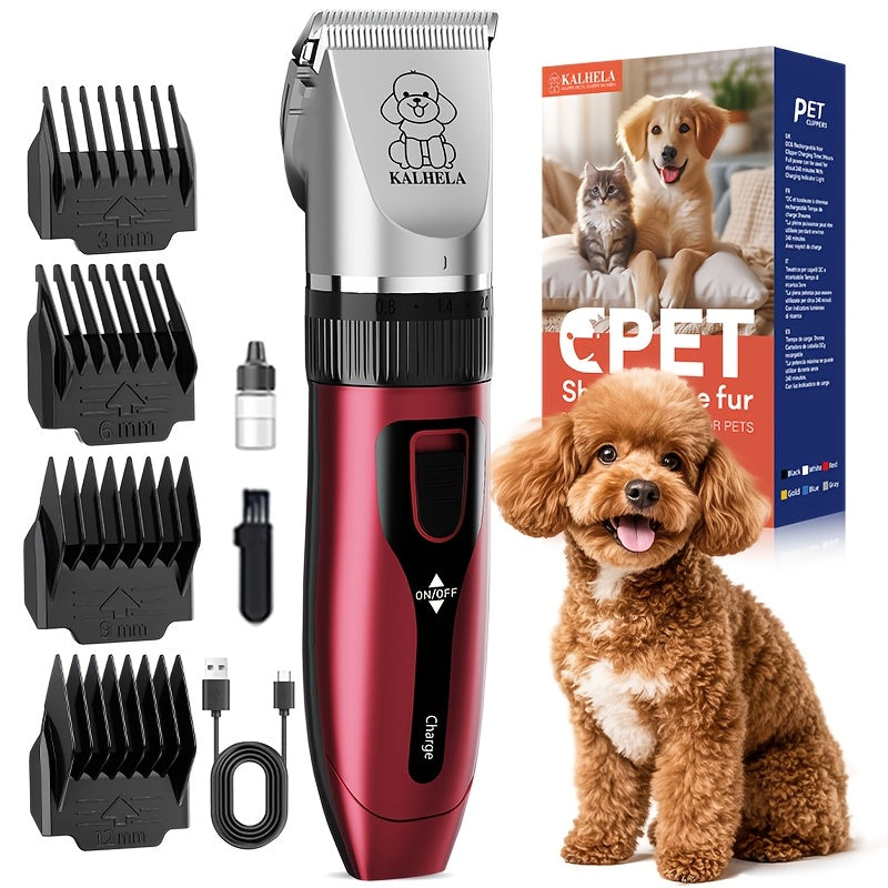 Rechargeable Pet Grooming Clippers with LED Display – Low Noise Cordless Dog & Cat Hair Trimmer, Detachable Blades, 4 Guide Combs, USB Charging