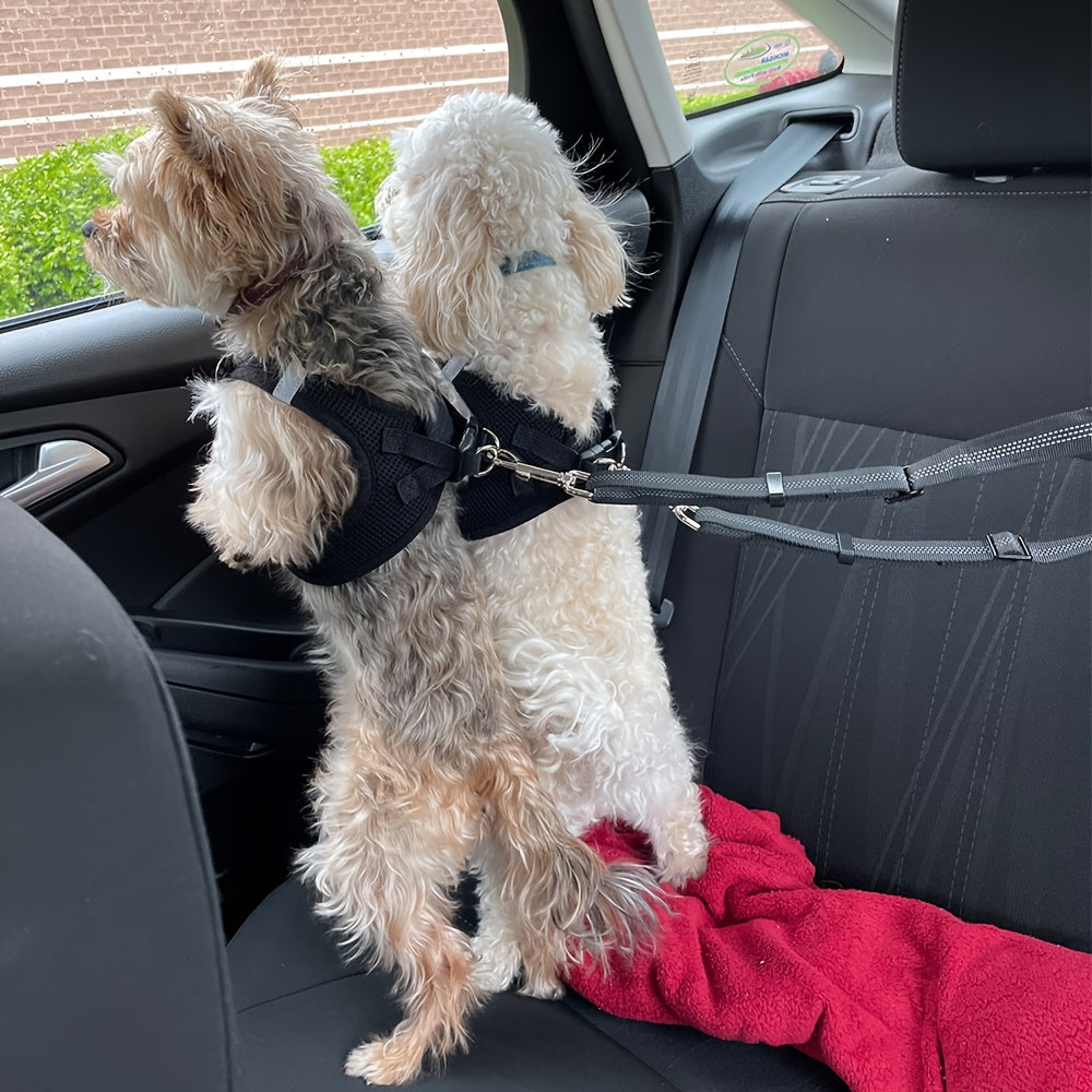 Dual Dog Car Seat Belt for 2 Dogs – No-Tangle Headrest Restraint with Adjustable Bungee, Safe Pet Car Safety Harness for Small Medium Large Dogs, Black Pink Red