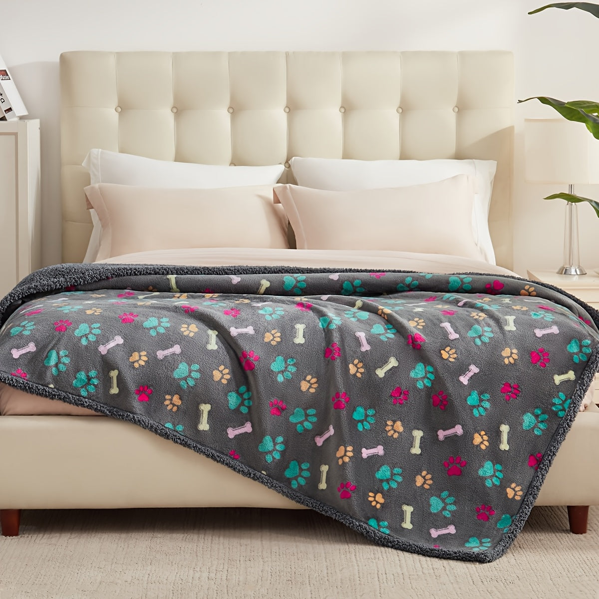 Waterproof Dog Blanket for Couch Sofa Bed - Pee Proof Washable Soft Fluffy Pet Blanket Reversible Furniture Protector, Gray Bone & Paw Print Design for Dogs Cats Small Medium Large