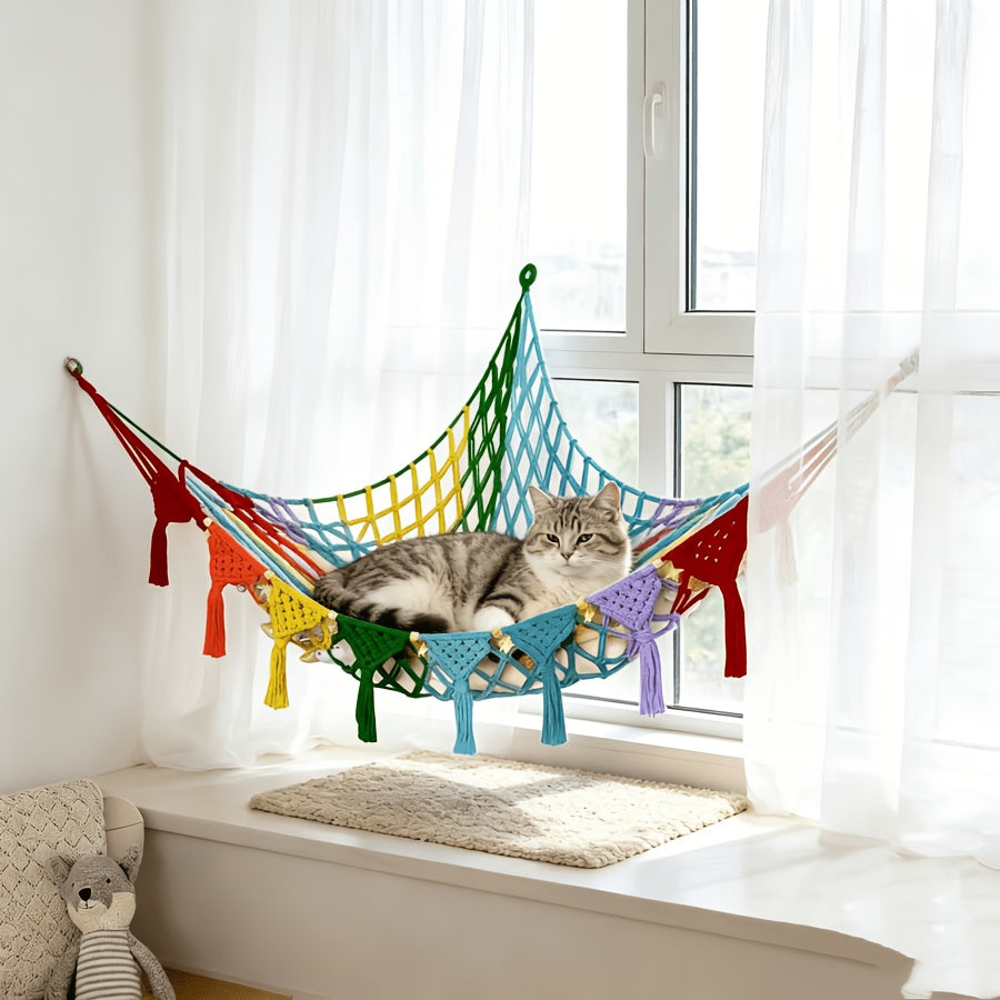 Cat Hammock Wall Mounted Hand-Woven Vinyl - No Assembly Hanging Cat Bed for Wall & Ceiling, All-Season Renter-Friendly Cat Basket Lounger for Kittens & Cats, Beige Pink Black Multicolor