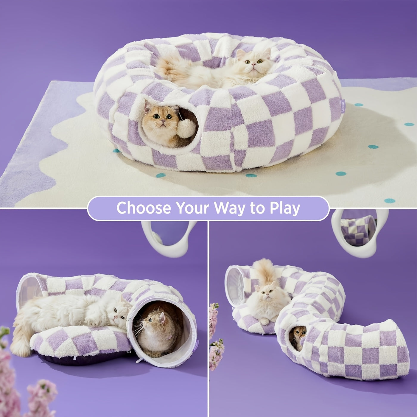 Cat Tunnel Bed Donut Cave with Washable Cushion - Indoor Peekaboo Hideout Toy for Cats Kittens Puppies & Rabbits Small Large